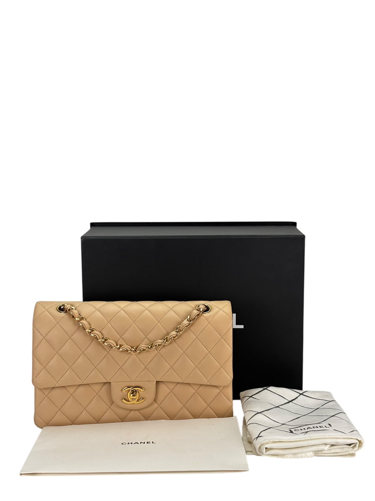 CHANEL - Medium Classic Double Flap Bag Beige Lambskin Gold Hardware (CF25) 