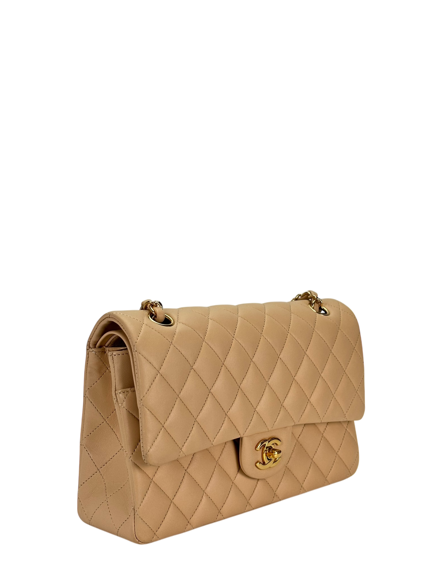 CHANEL - Medium Classic Double Flap Bag Beige Lambskin Gold Hardware (CF25) 