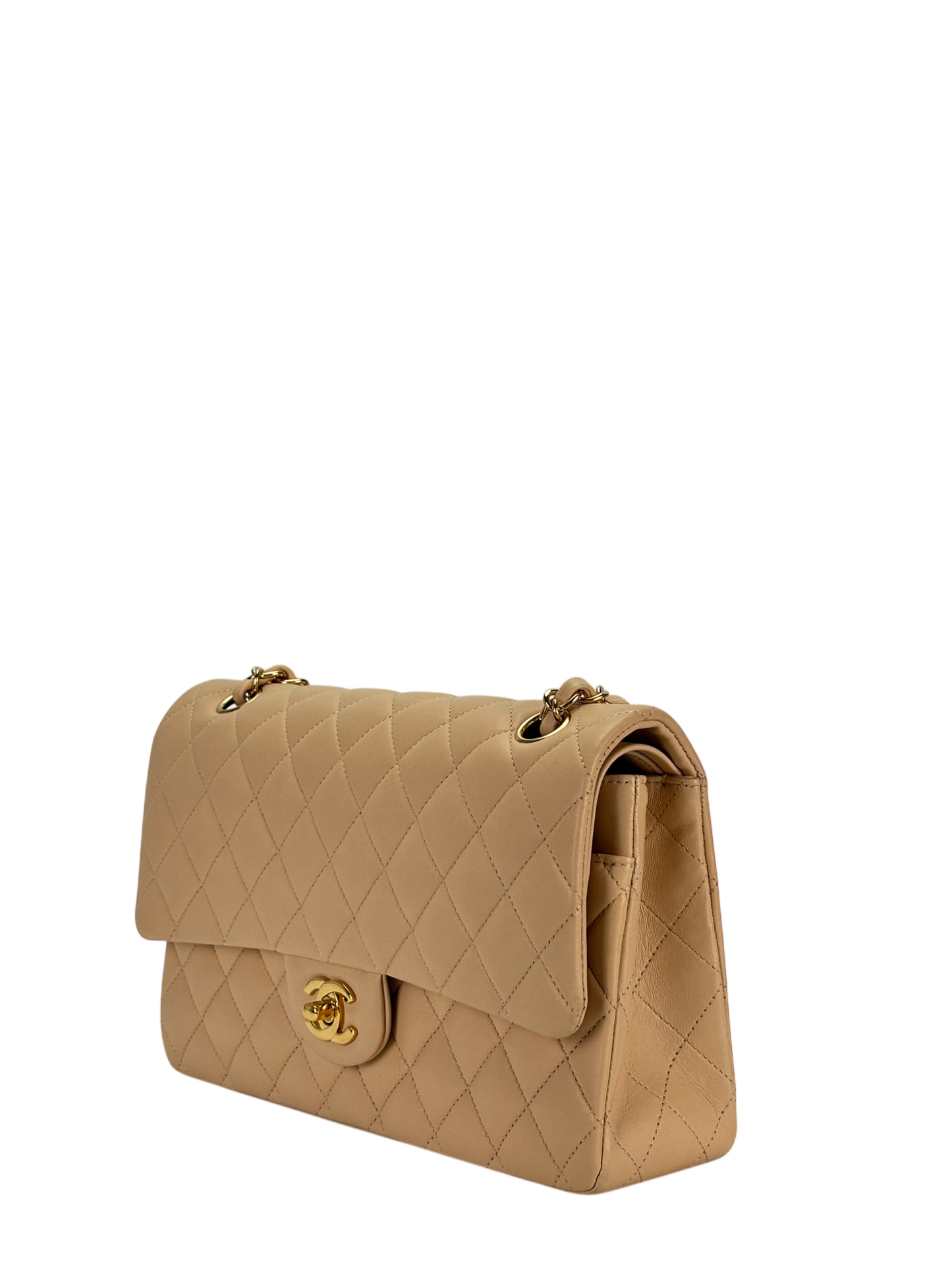 CHANEL - Medium Classic Double Flap Bag Beige Lambskin Gold Hardware (CF25) 