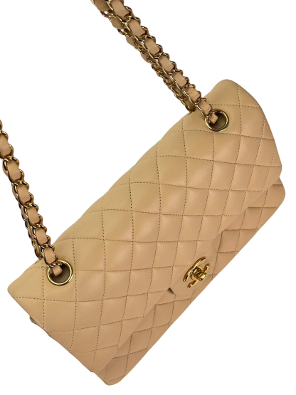 CHANEL - Medium Classic Double Flap Bag Beige Lambskin Gold Hardware (CF25) 
