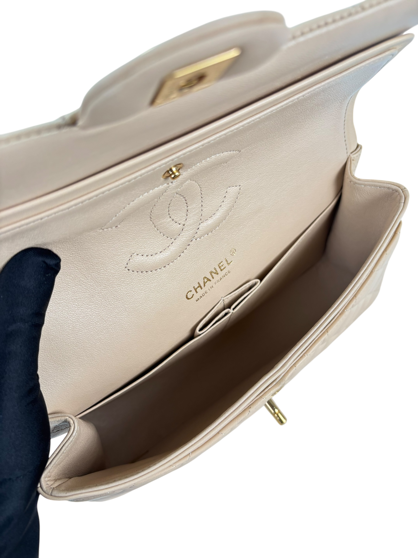 CHANEL - Medium Classic Double Flap Bag Beige Lambskin Gold Hardware (CF25) 