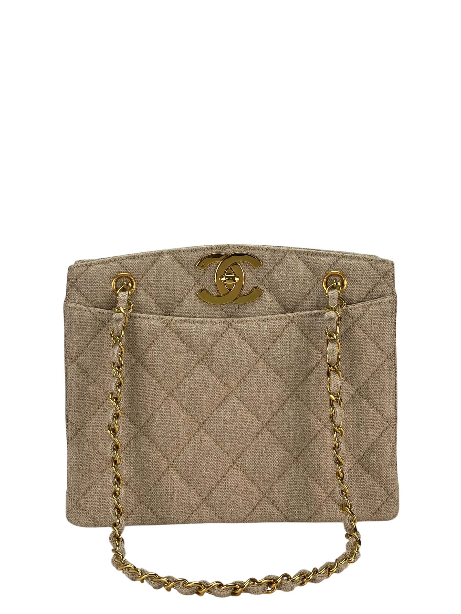 CHANEL - Beige Linen Coco Mark Chain Shoulder Bag