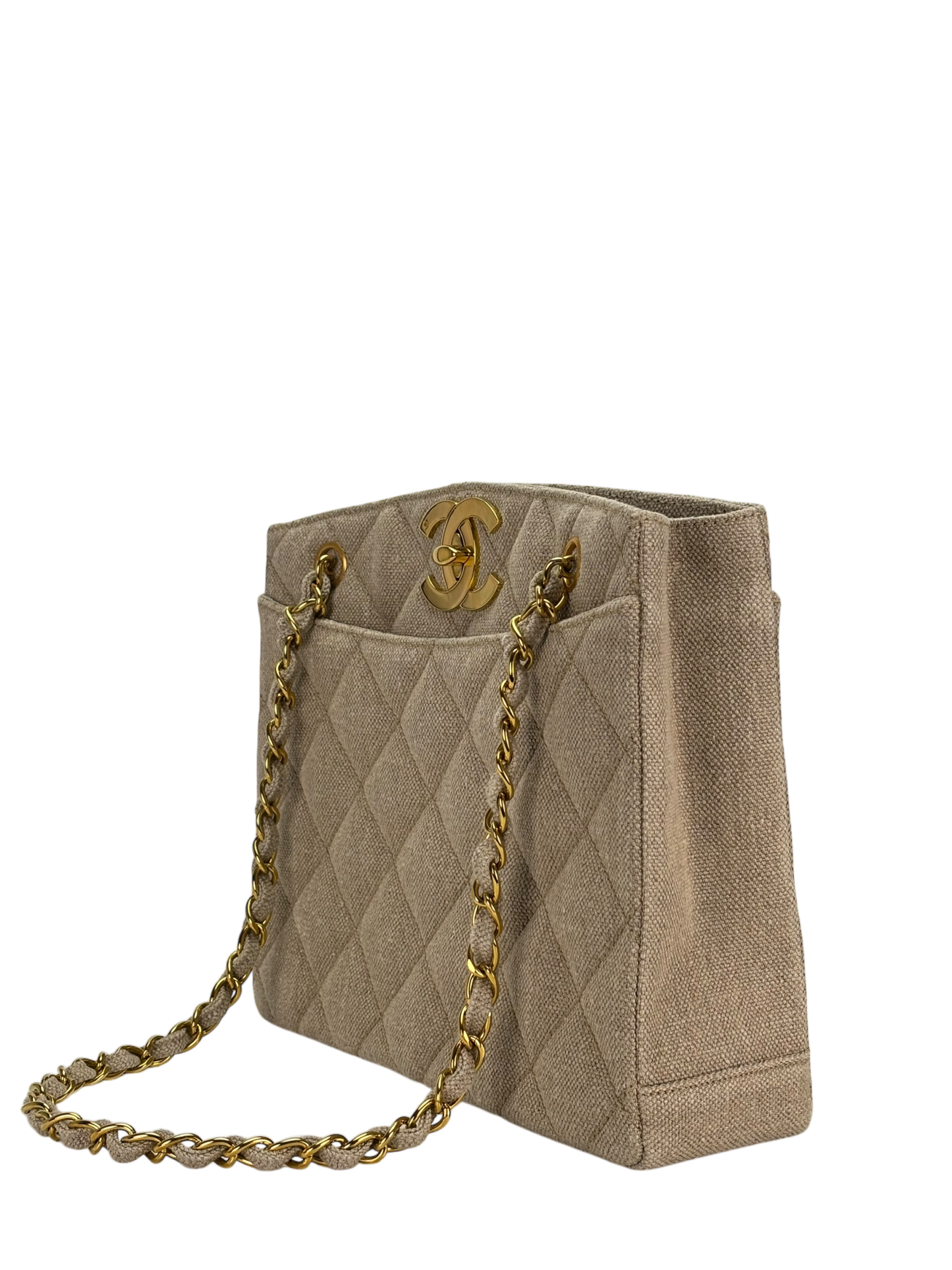 CHANEL - Beige Linen Coco Mark Chain Shoulder Bag