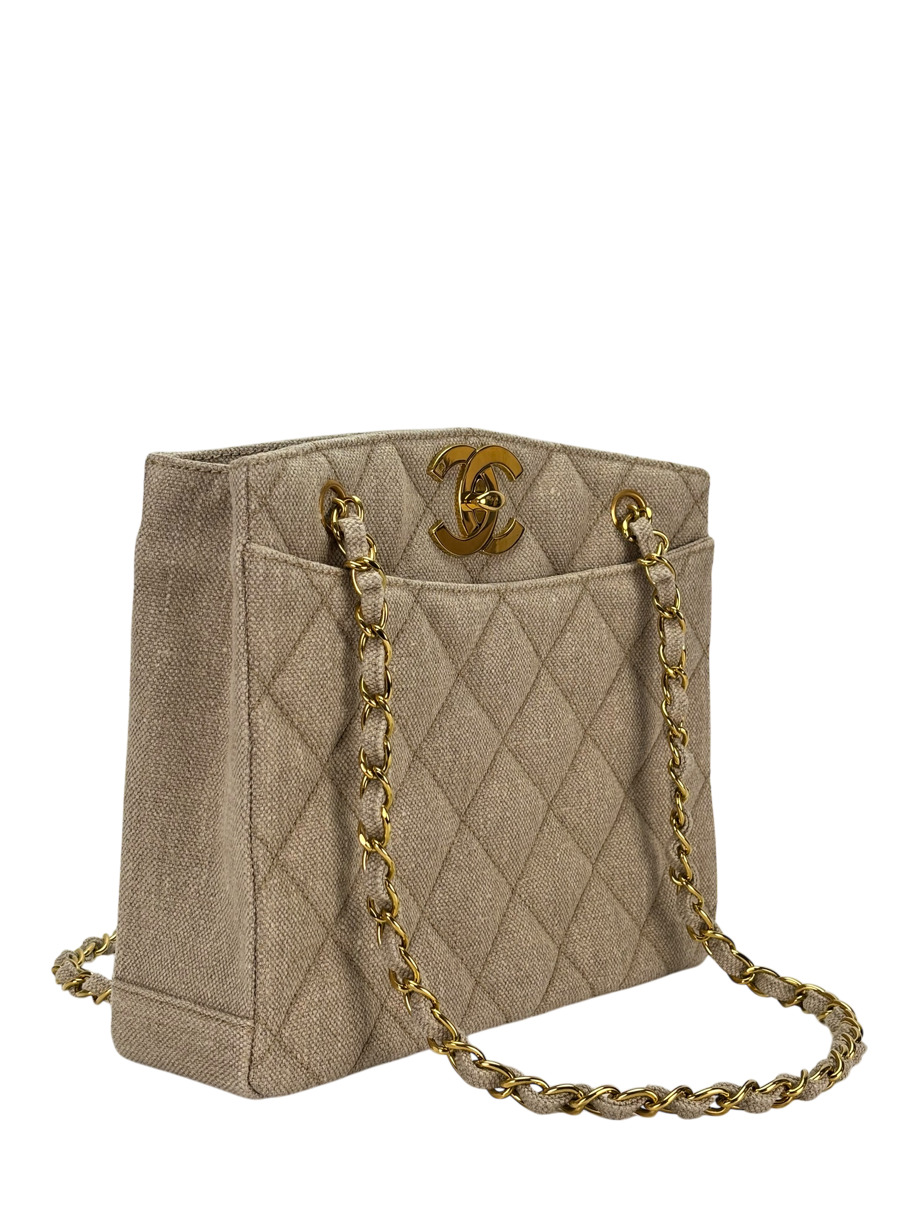 CHANEL - Beige Linen Coco Mark Chain Shoulder Bag