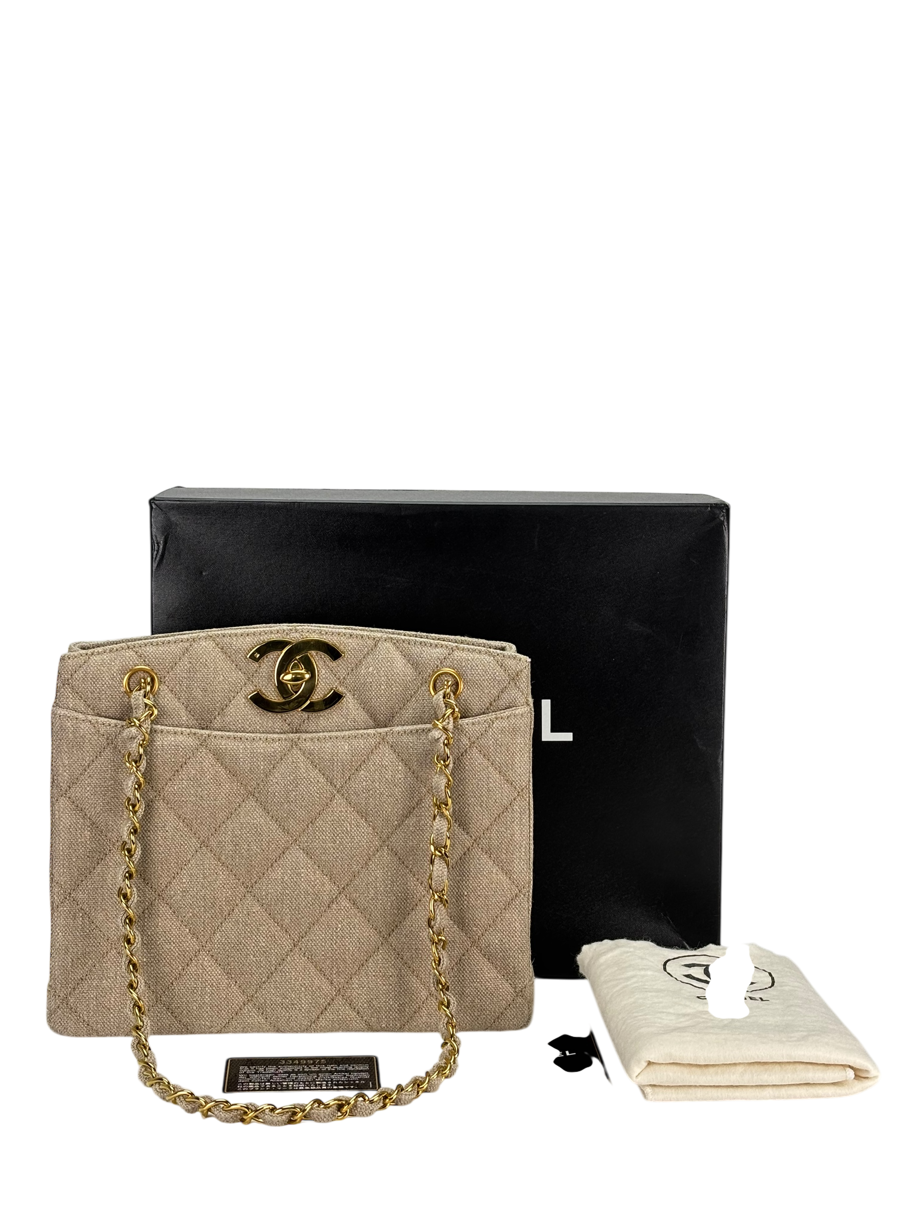 CHANEL - Beige Linen Coco Mark Chain Shoulder Bag