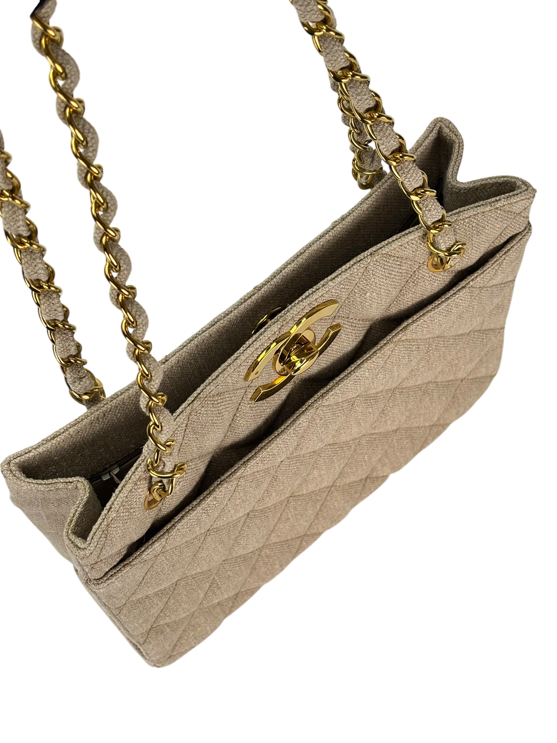 CHANEL - Beige Linen Coco Mark Chain Shoulder Bag