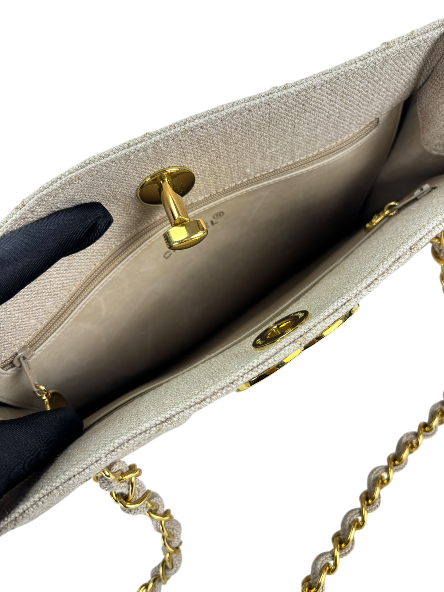CHANEL - Beige Linen Coco Mark Chain Shoulder Bag