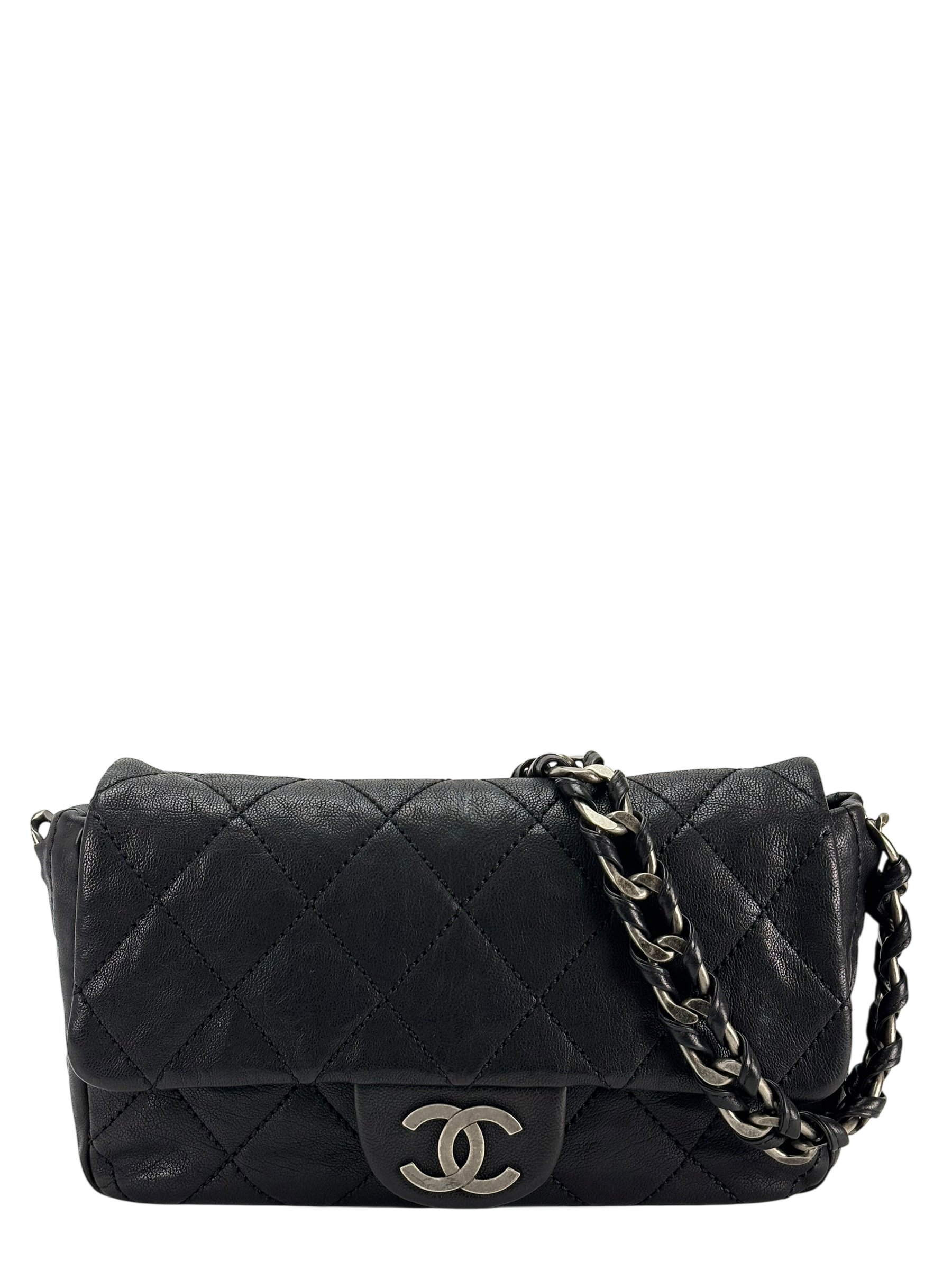 CHANEL - Black Caviar Chanel Matelasse Chain Silver Hardware Shoulder Bag