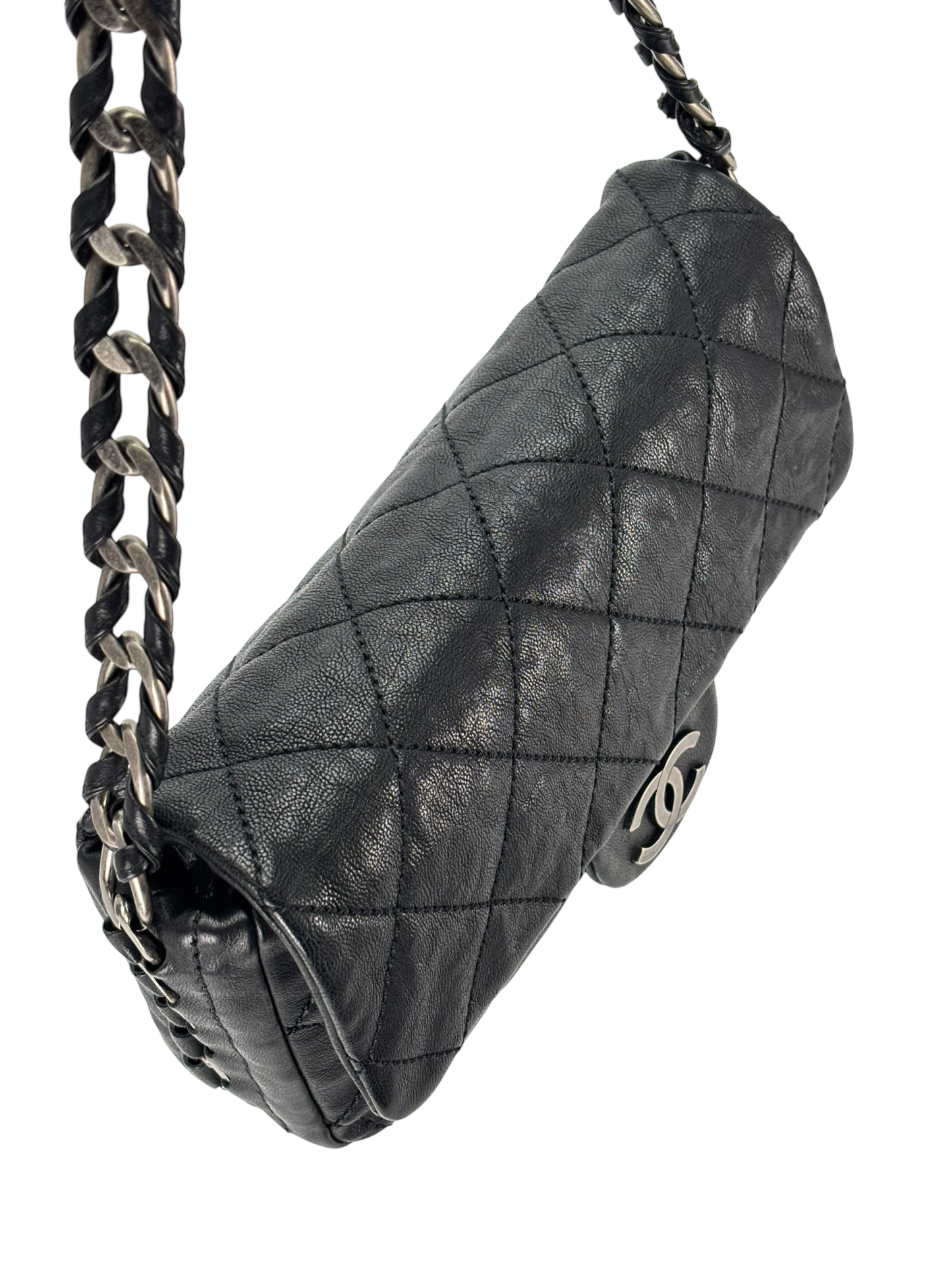 CHANEL - Black Caviar Chanel Matelasse Chain Silver Hardware Shoulder Bag