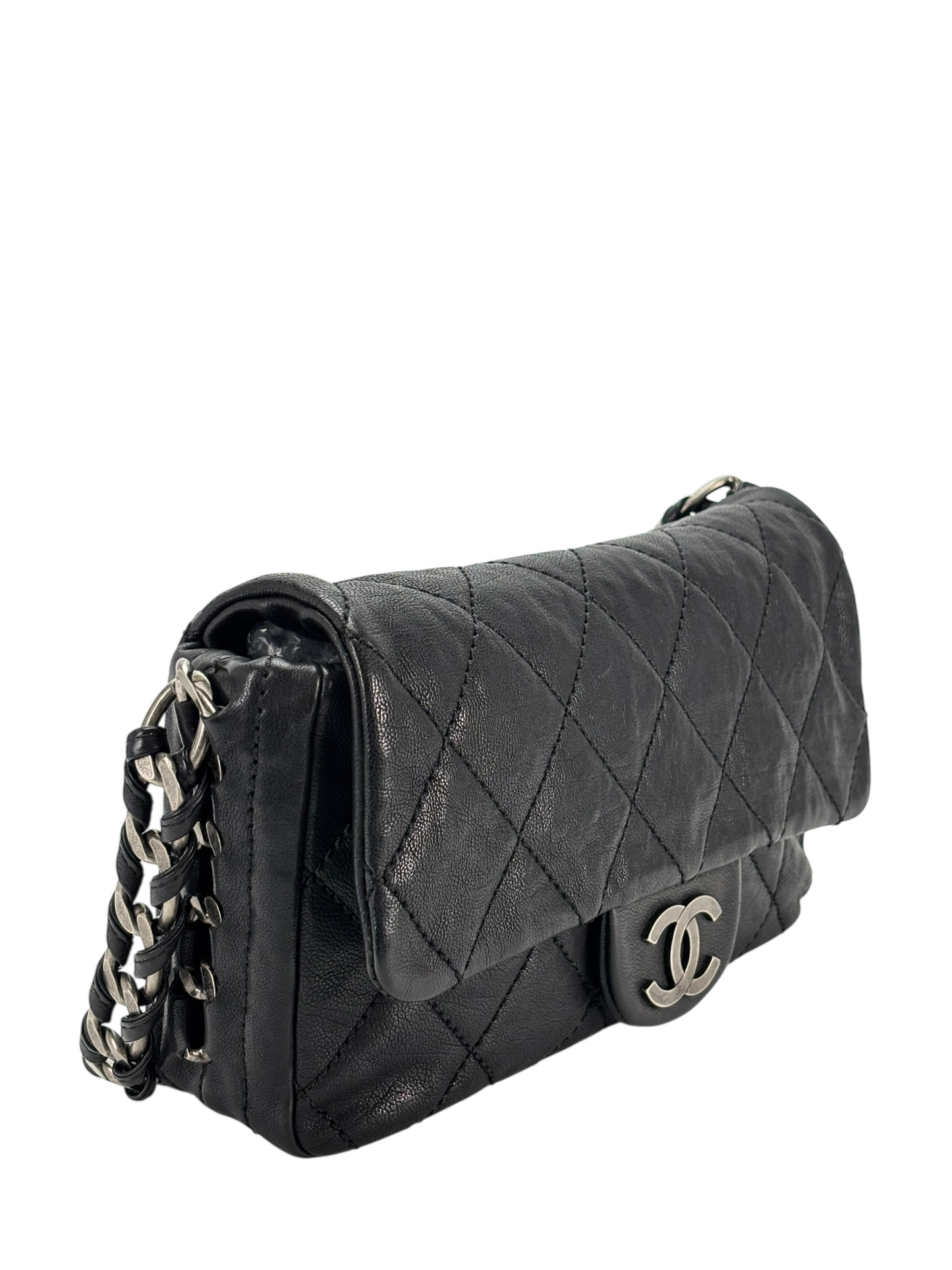 CHANEL - Black Caviar Chanel Matelasse Chain Silver Hardware Shoulder Bag