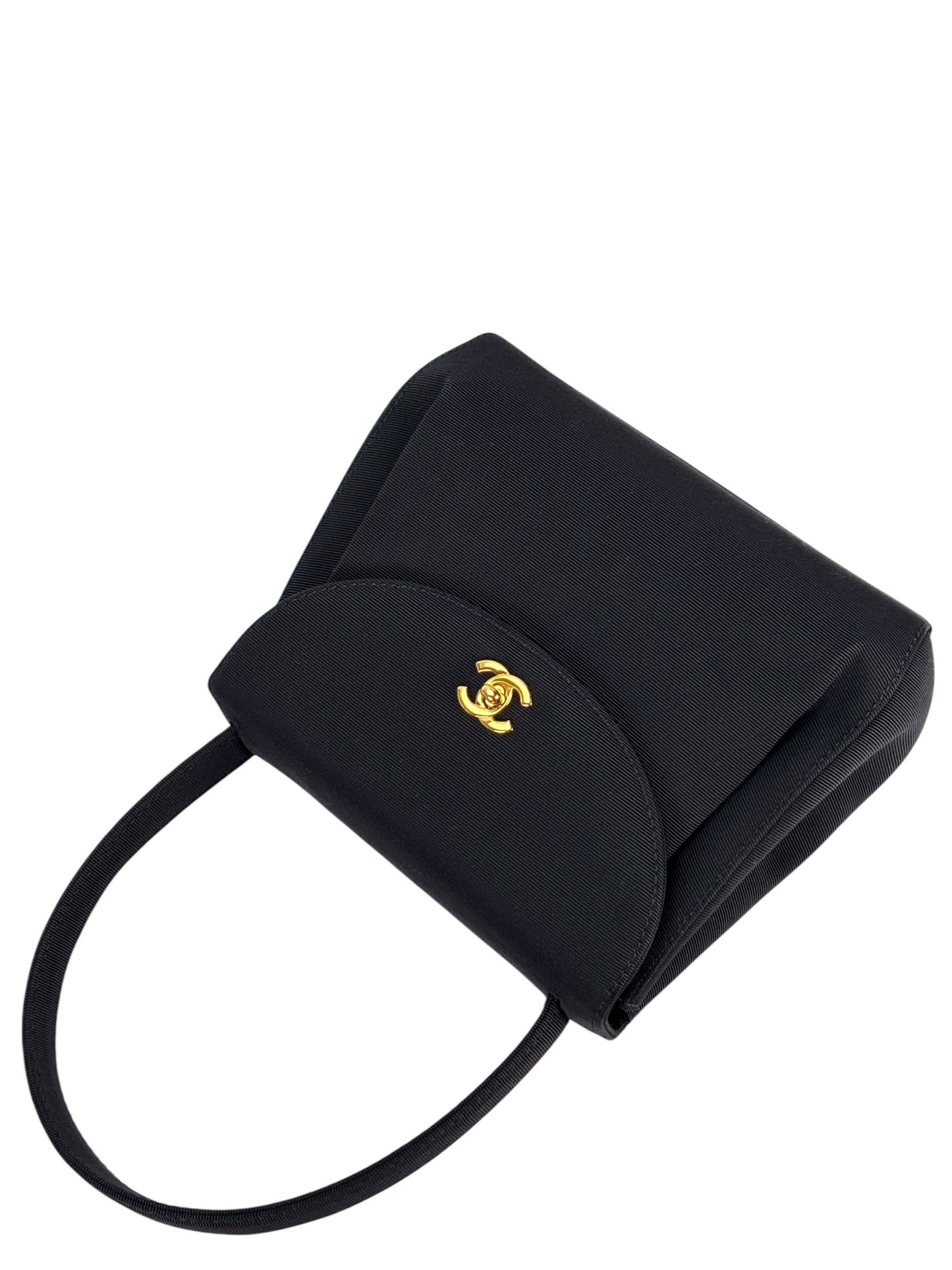 CHANEL - Black Grosgrain Fabric CC Top Handle Evening Bag