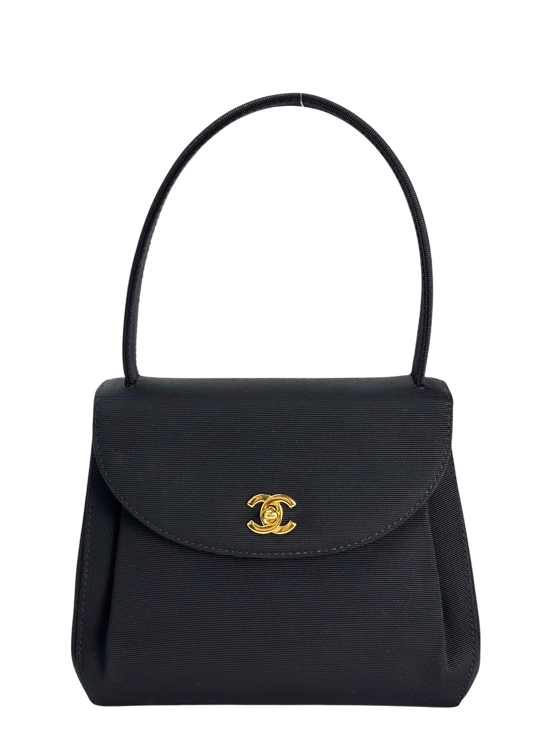 CHANEL - Black Grosgrain Fabric CC Top Handle Evening Bag