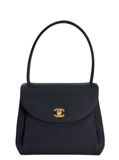 CHANEL - Black Grosgrain Fabric CC Top Handle Evening Bag