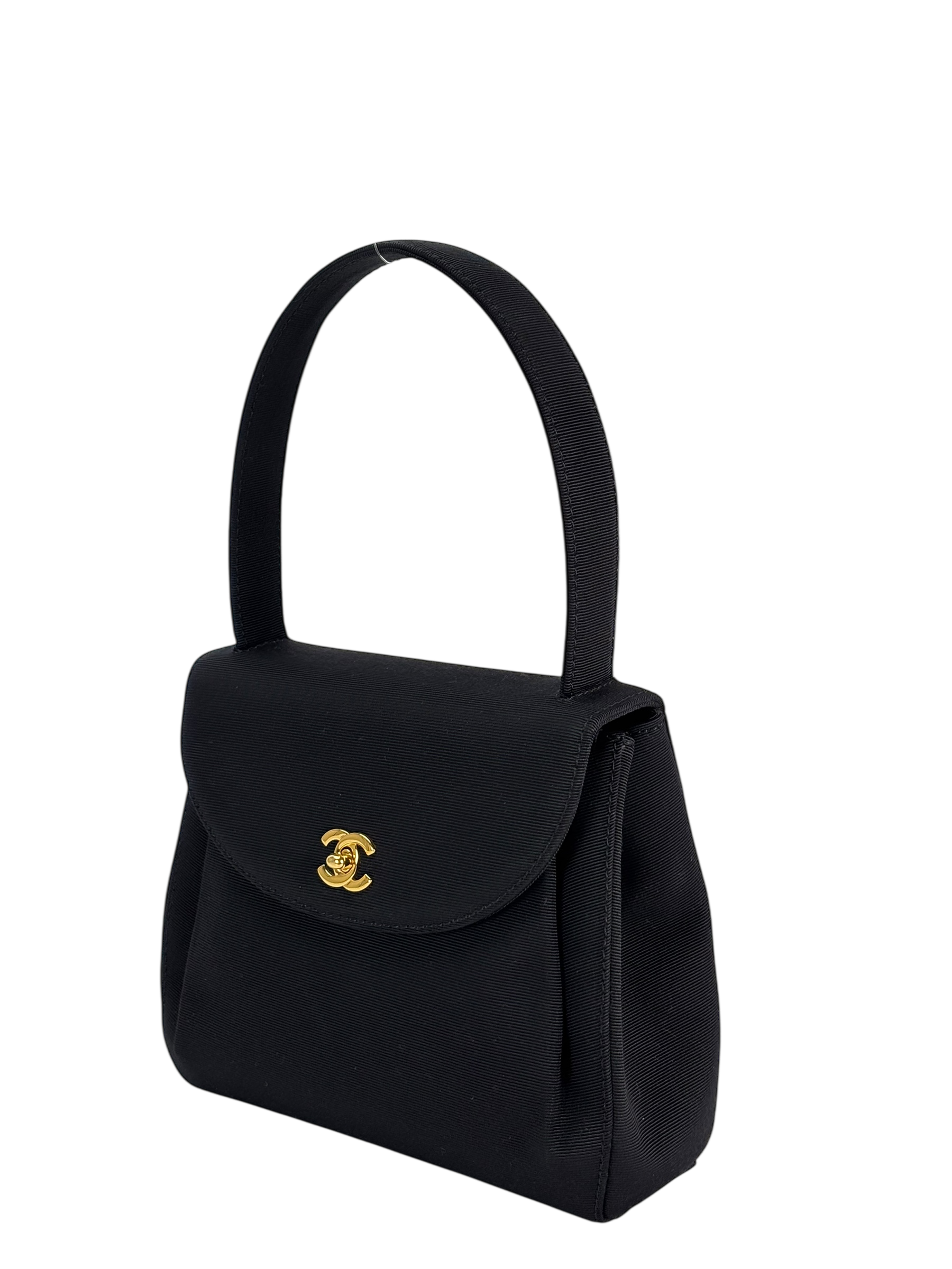 CHANEL - Black Grosgrain Fabric CC Top Handle Evening Bag