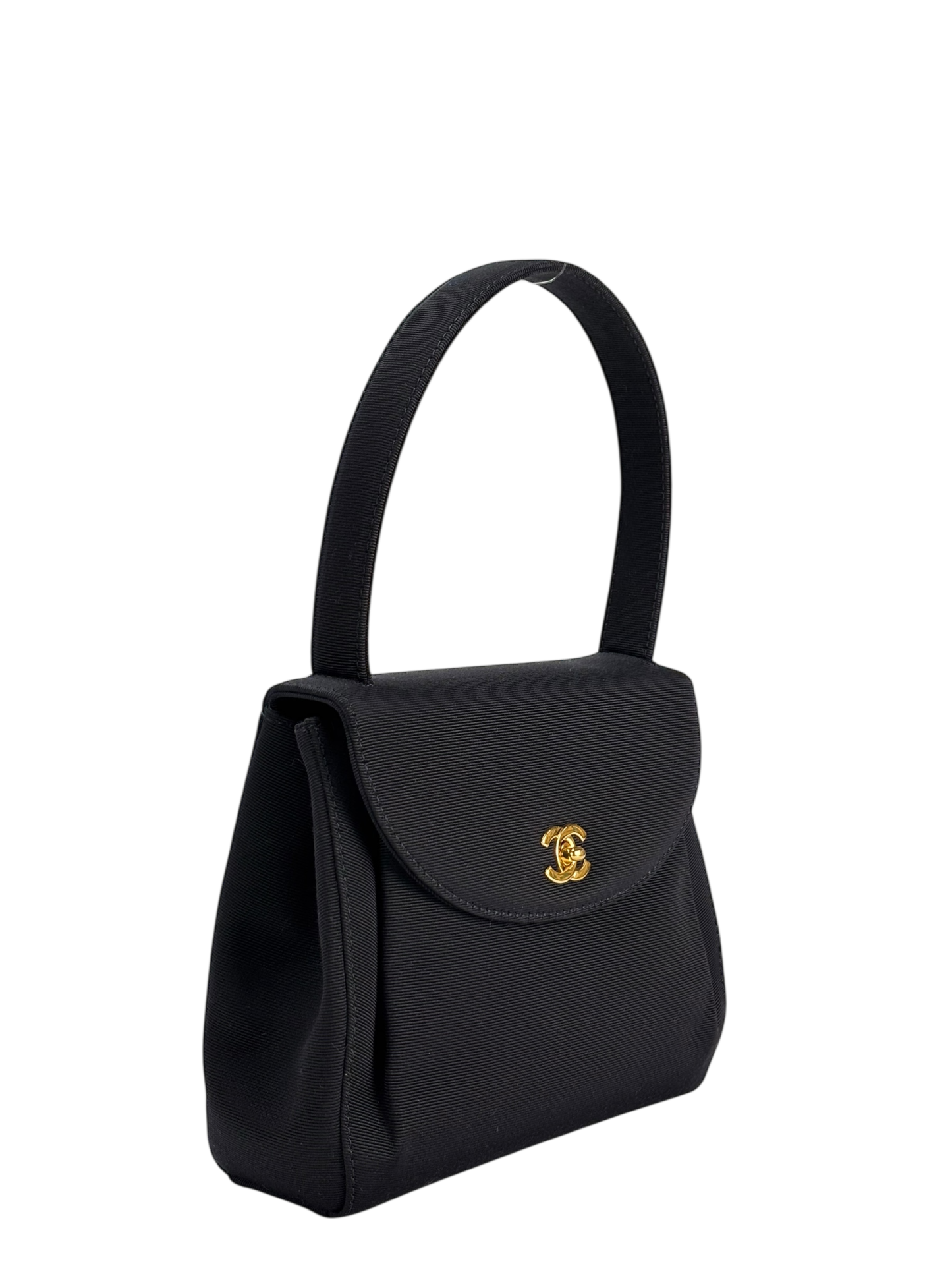 CHANEL - Black Grosgrain Fabric CC Top Handle Evening Bag