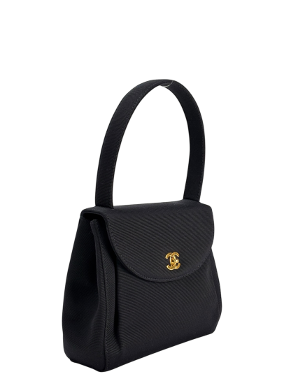 CHANEL - Black Grosgrain Fabric CC Top Handle Evening Bag