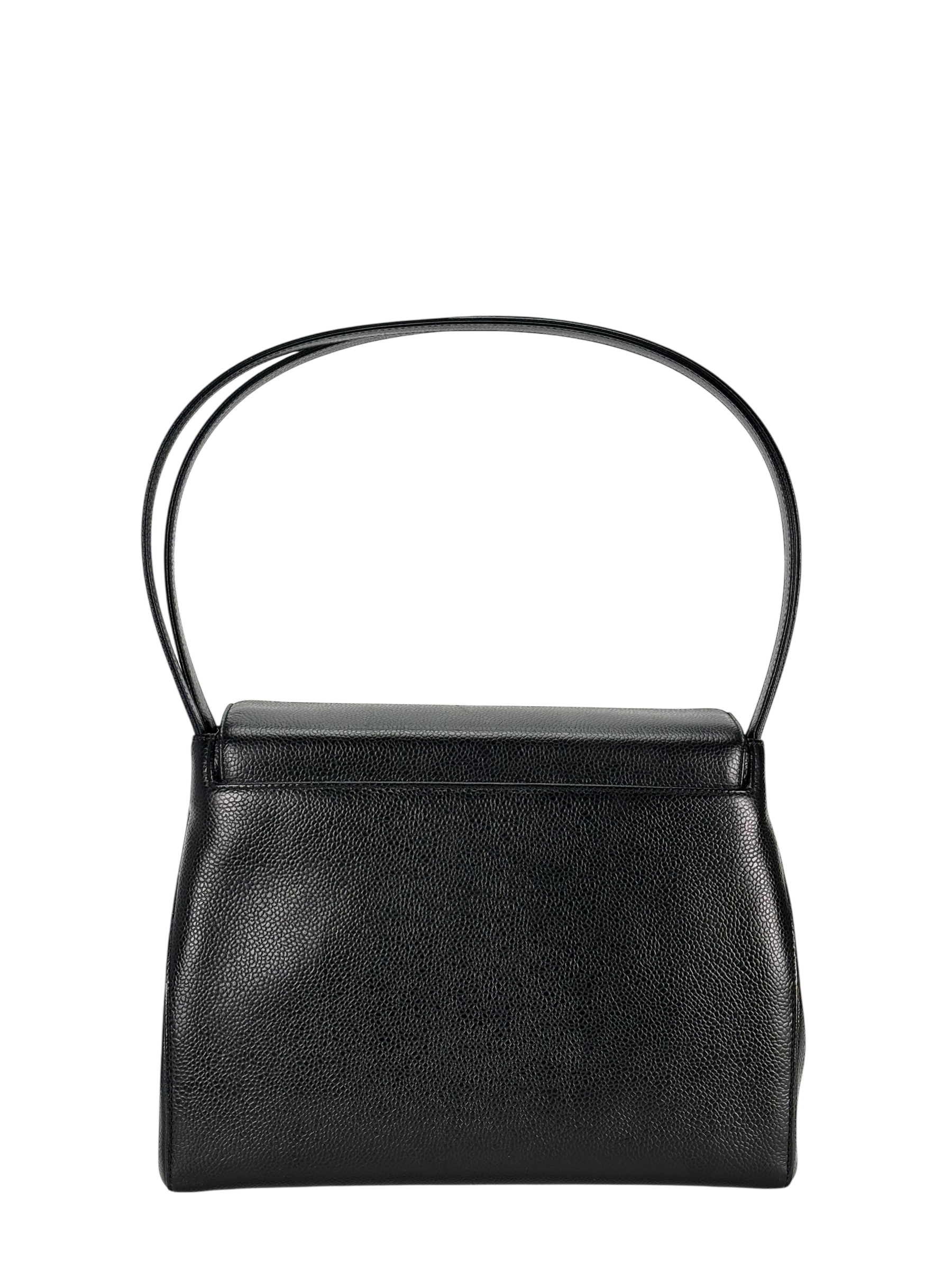 CHANEL - Black Caviar Top Handle Envelope Flap Shoulder Bag