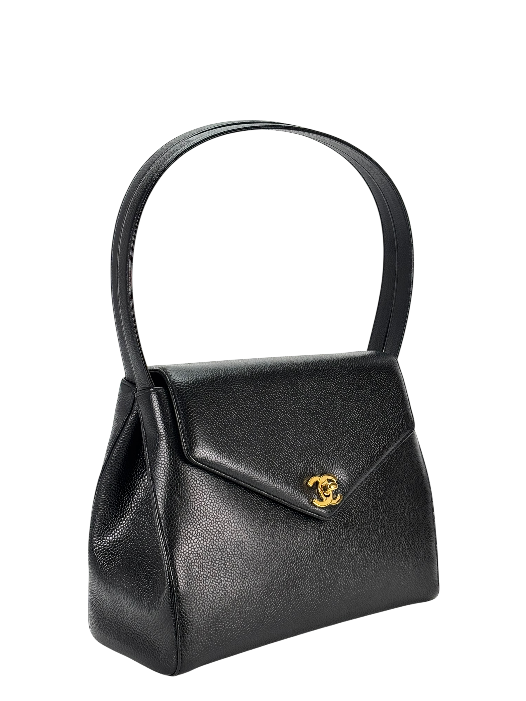 CHANEL - Black Caviar Top Handle Envelope Flap Shoulder Bag