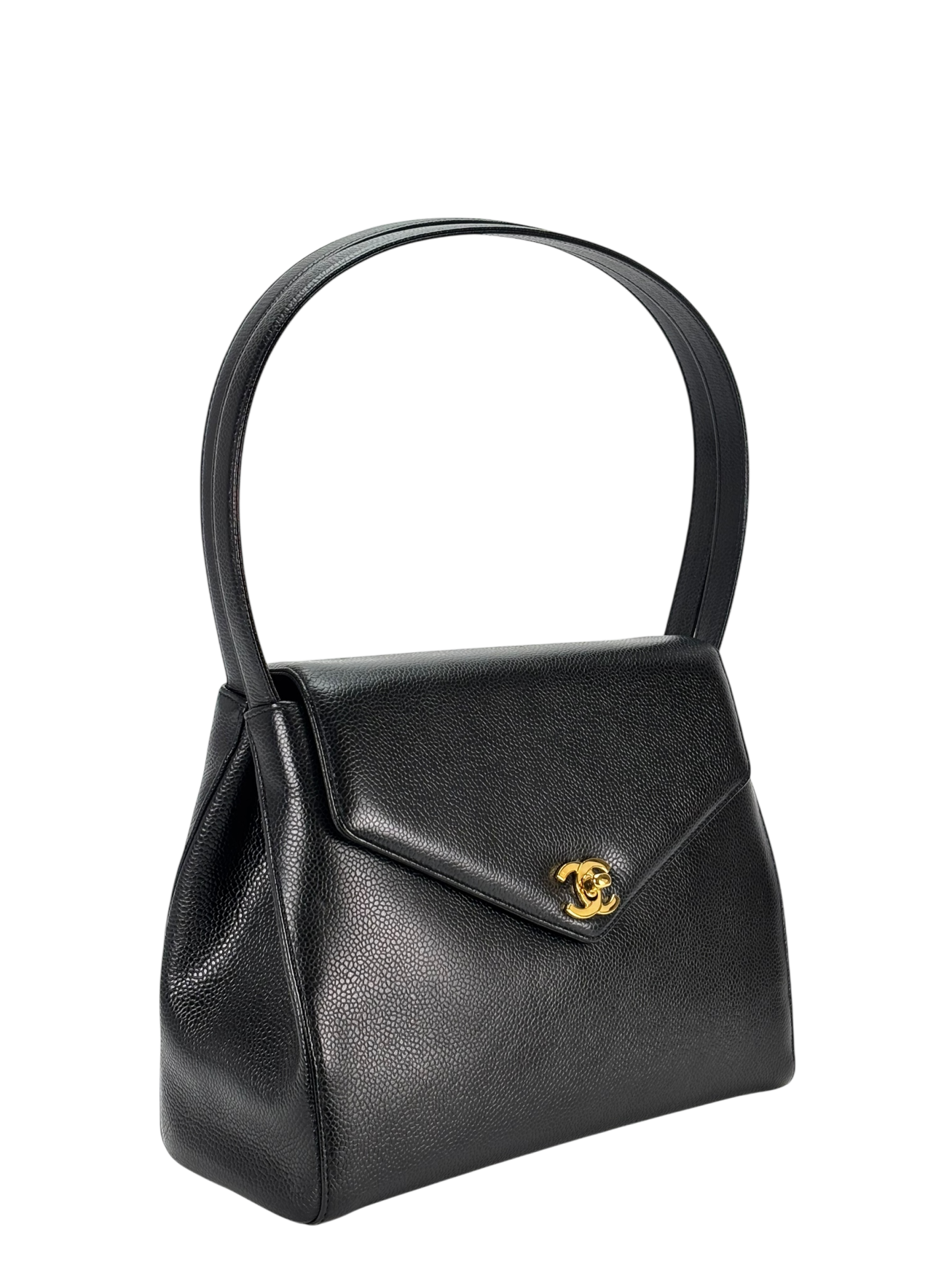 CHANEL - Black Caviar Top Handle Envelope Flap Shoulder Bag