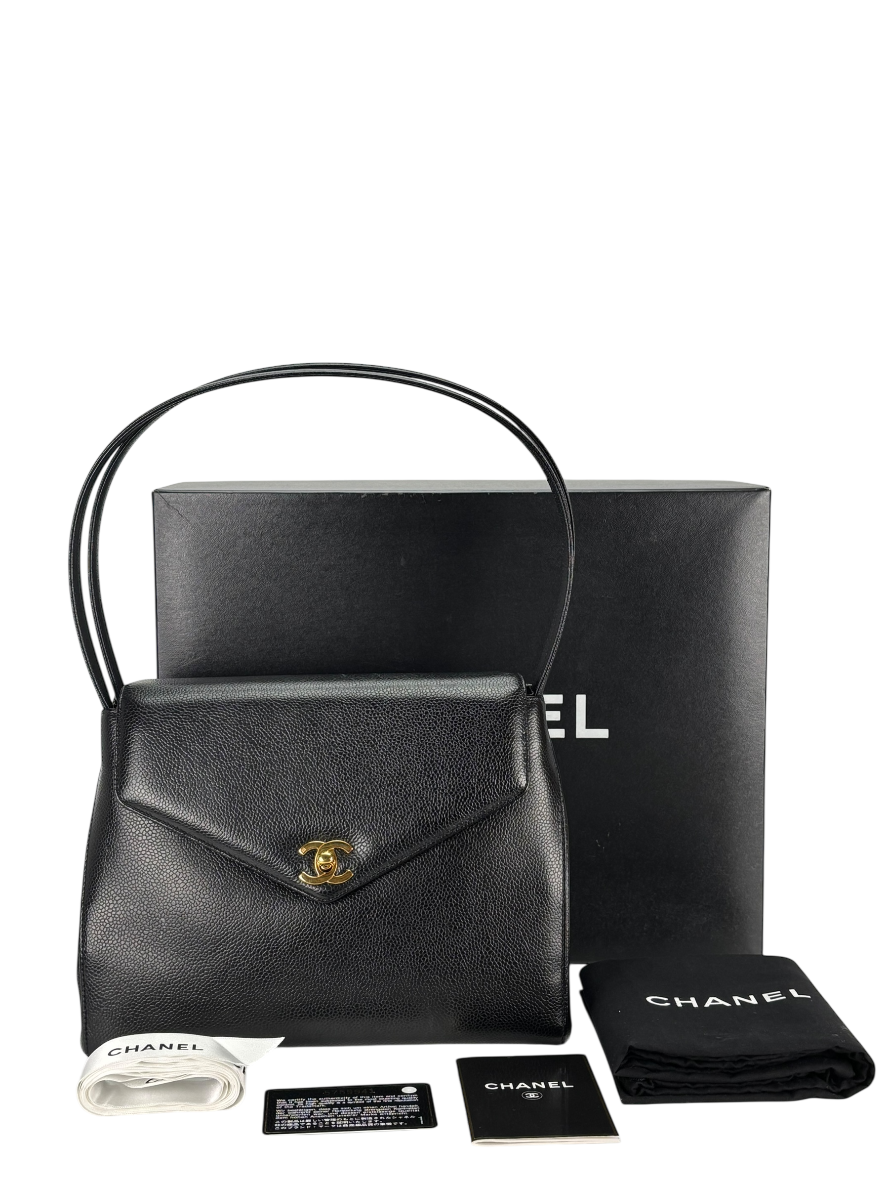 CHANEL - Black Caviar Top Handle Envelope Flap Shoulder Bag