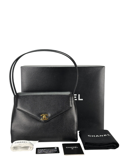 CHANEL - Black Caviar Top Handle Envelope Flap Shoulder Bag