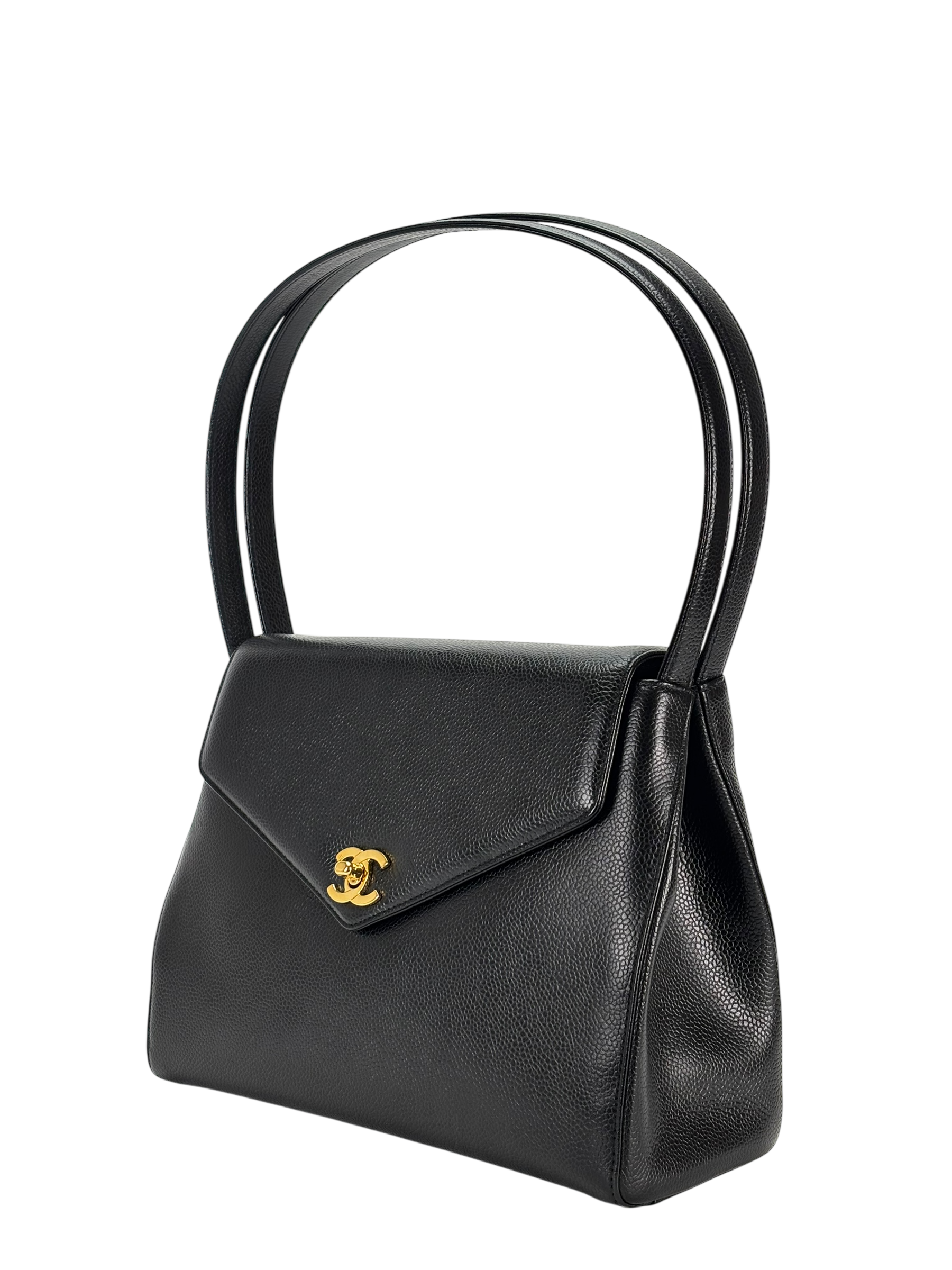 CHANEL - Black Caviar Top Handle Envelope Flap Shoulder Bag