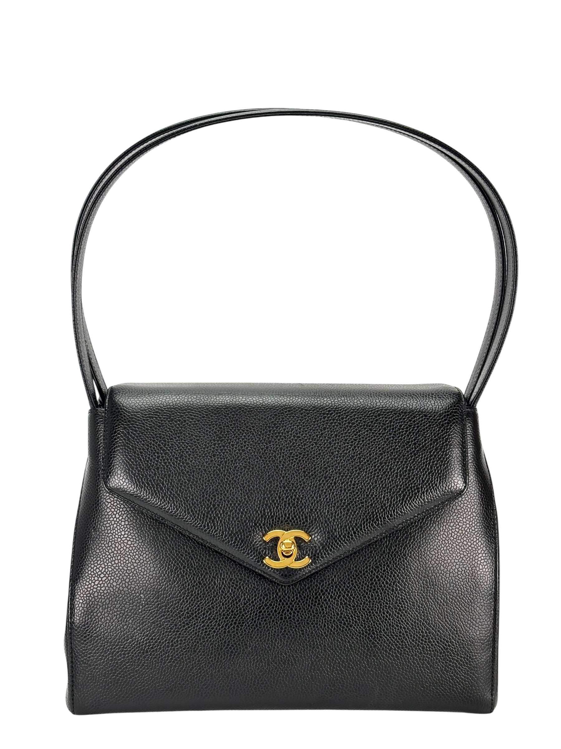 CHANEL - Black Caviar Top Handle Envelope Flap Shoulder Bag