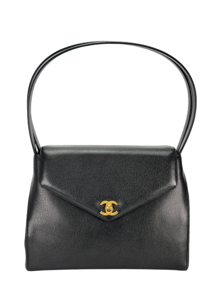 CHANEL - Black Caviar Top Handle Envelope Flap Shoulder Bag
