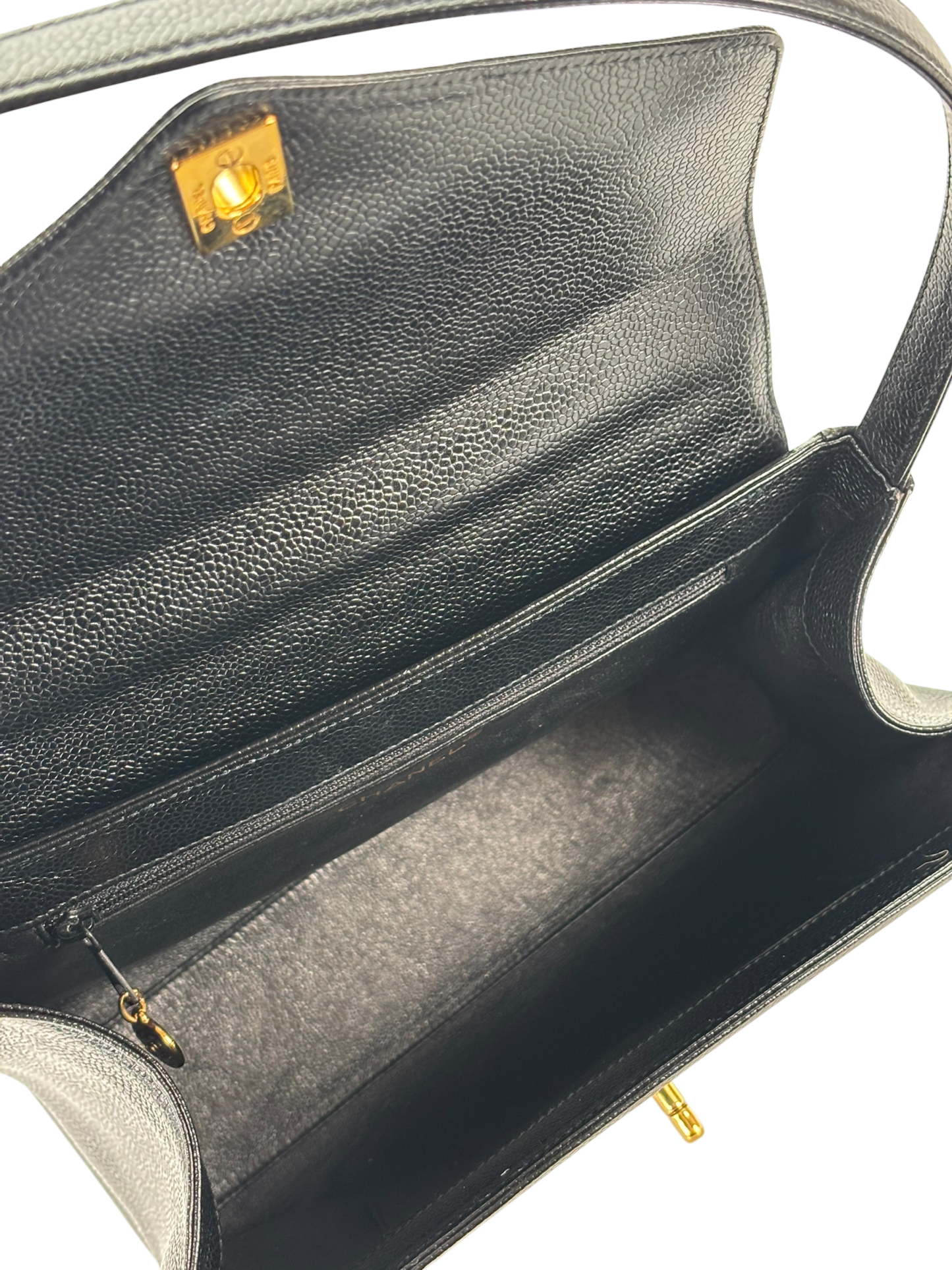 CHANEL - Black Caviar Top Handle Envelope Flap Shoulder Bag