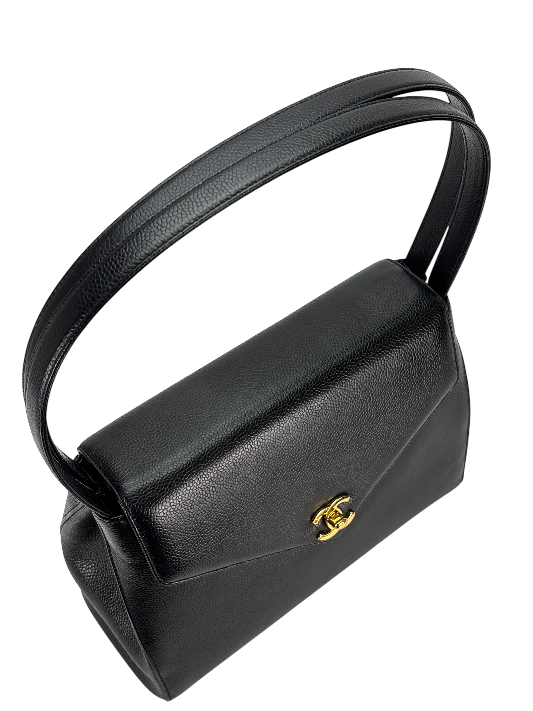 CHANEL - Black Caviar Top Handle Envelope Flap Shoulder Bag