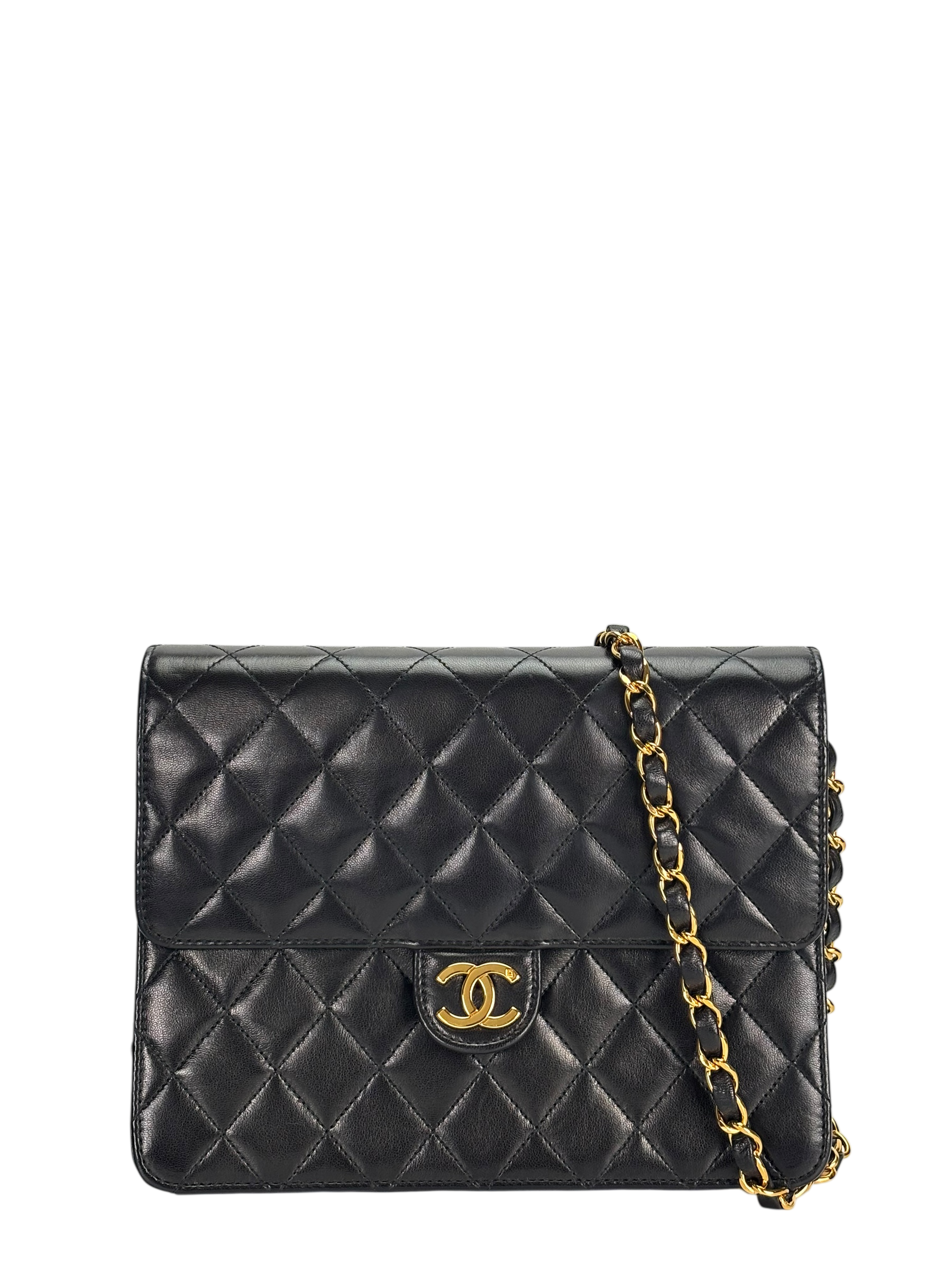 CHANEL - Black Lambskin Matelasse Pushlock Chain Shoulder Bag