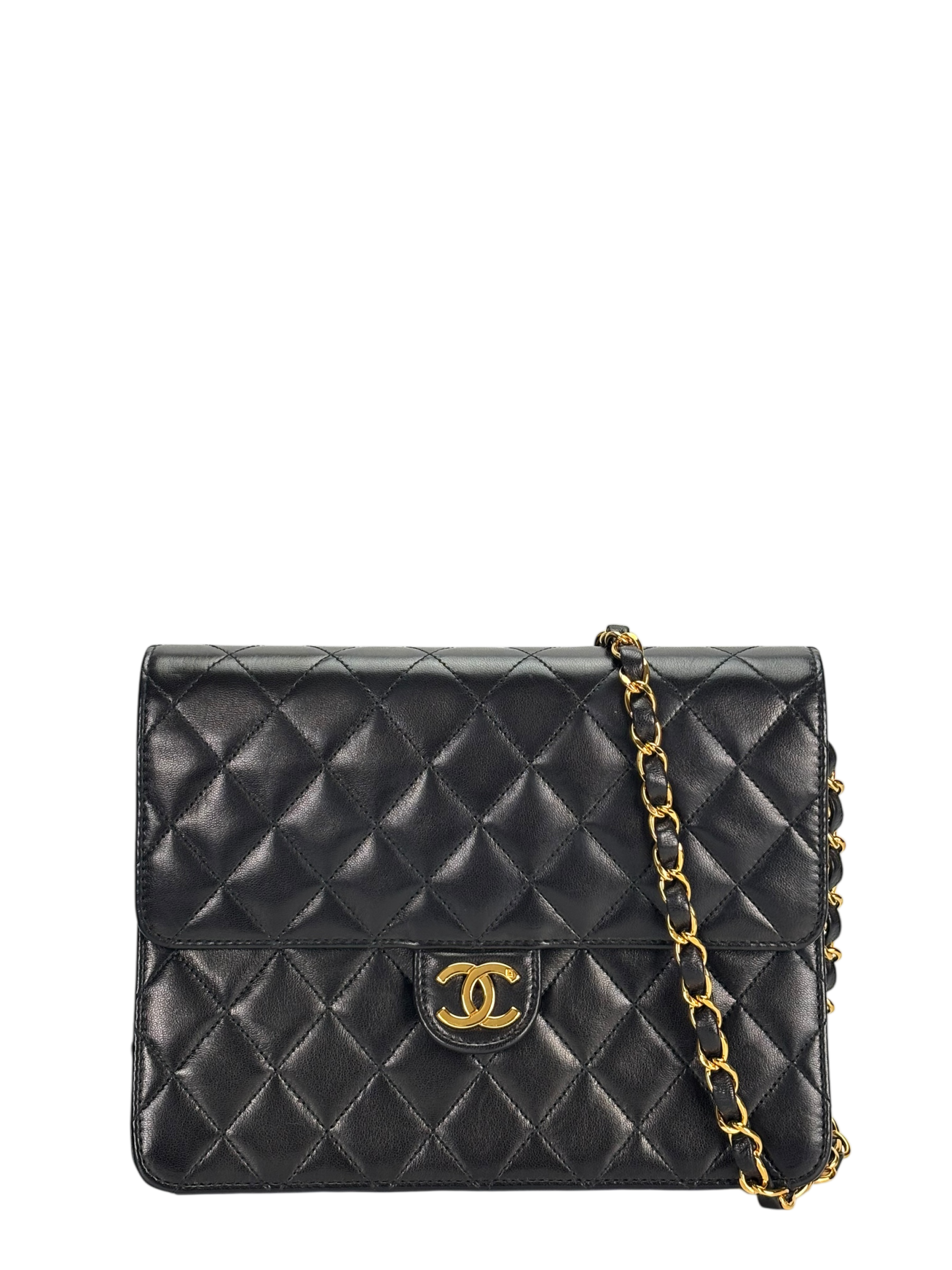 CHANEL - Black Lambskin Matelasse Pushlock Chain Shoulder Bag