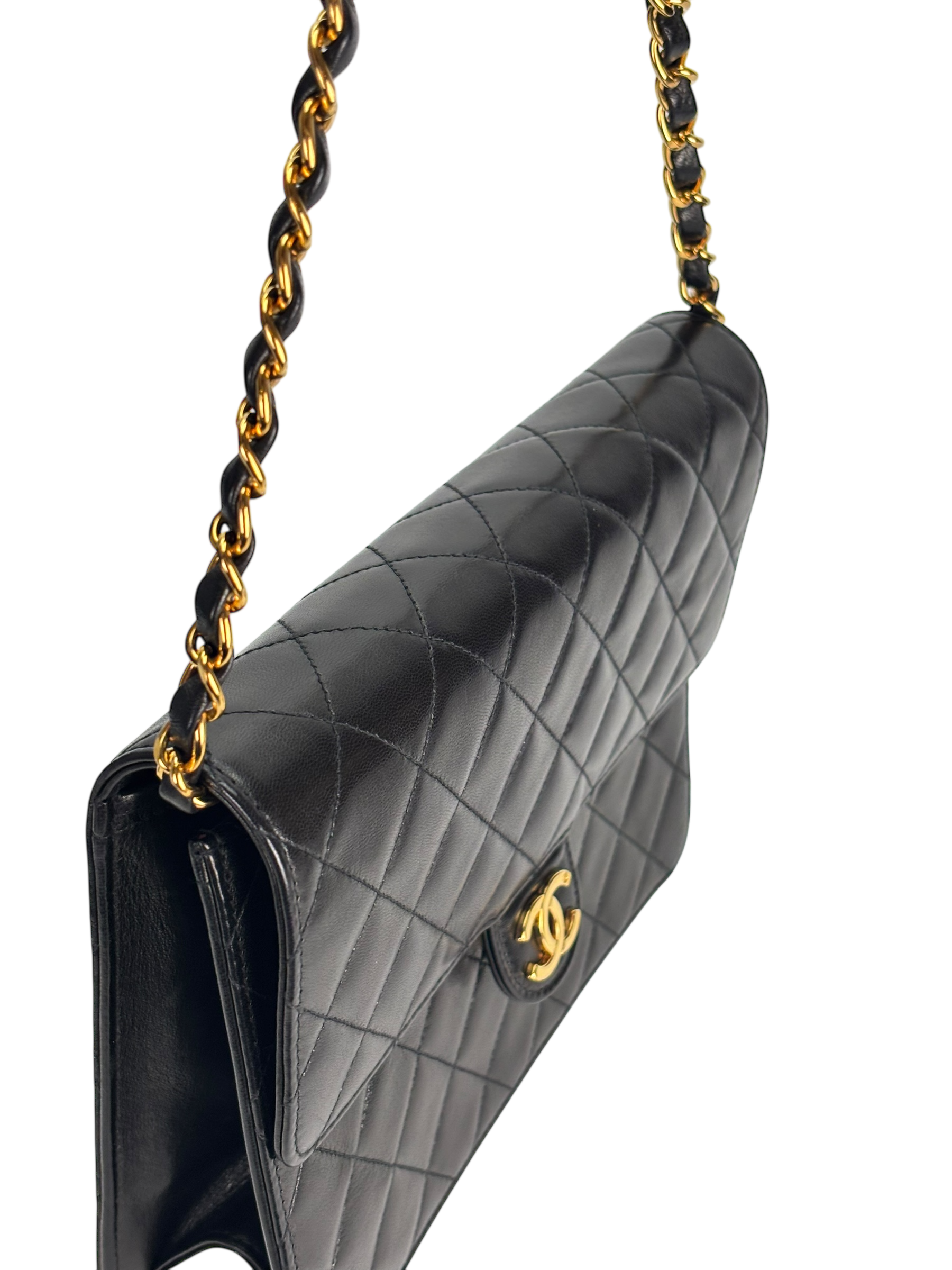 CHANEL - Black Lambskin Matelasse Pushlock Chain Shoulder Bag