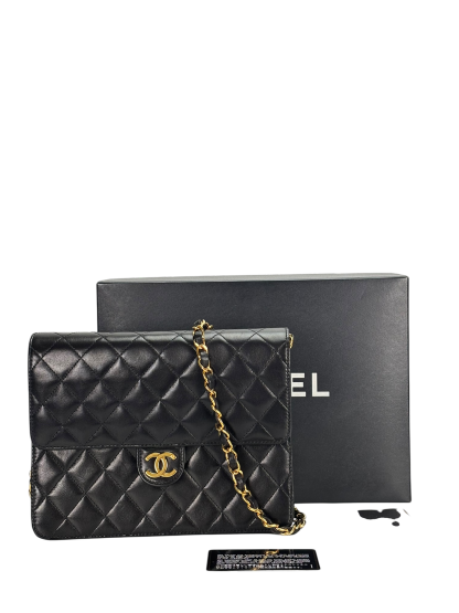 CHANEL - Black Lambskin Matelasse Pushlock Chain Shoulder Bag