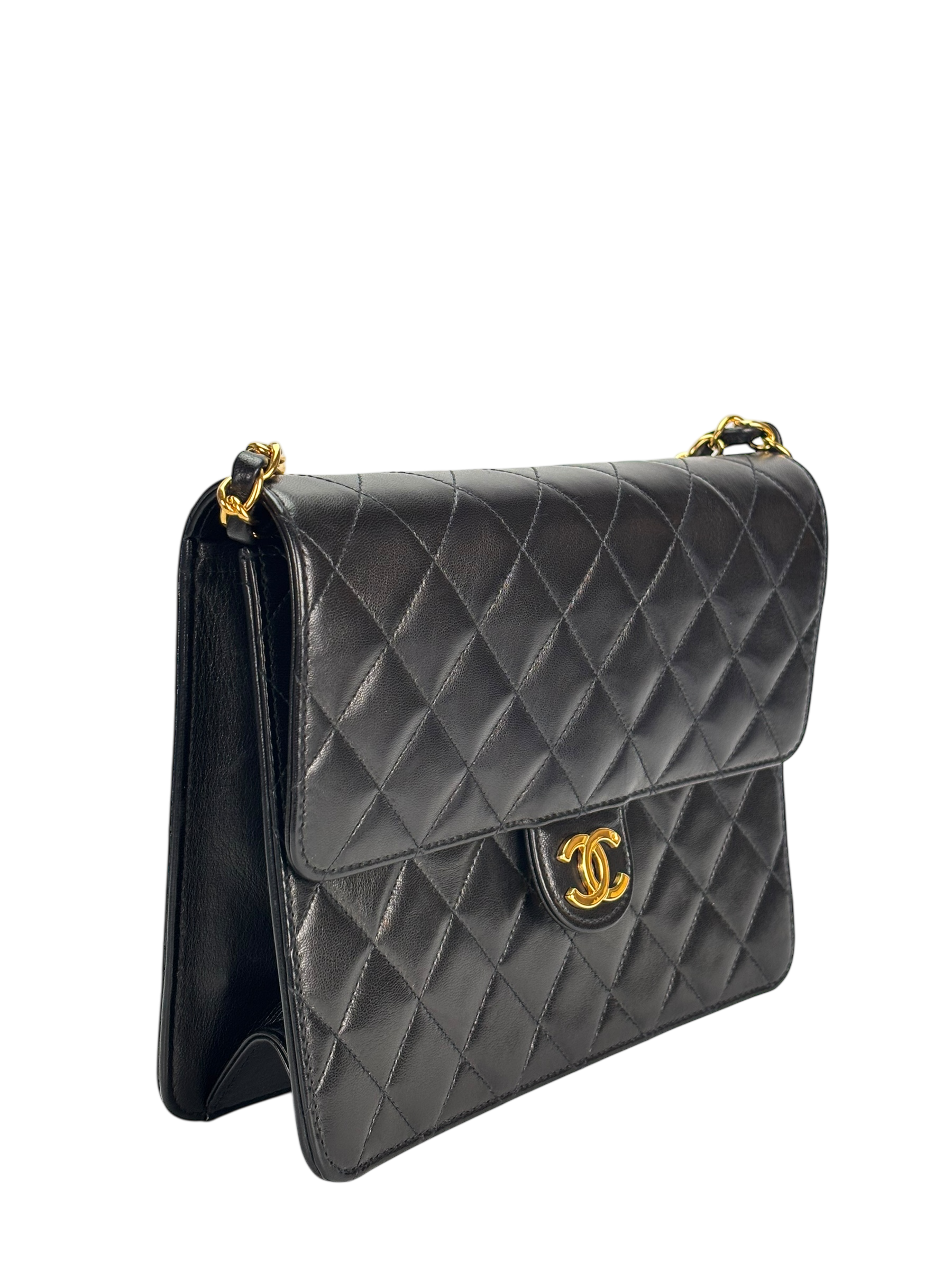 CHANEL - Black Lambskin Matelasse Pushlock Chain Shoulder Bag