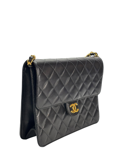 CHANEL - Black Lambskin Matelasse Pushlock Chain Shoulder Bag