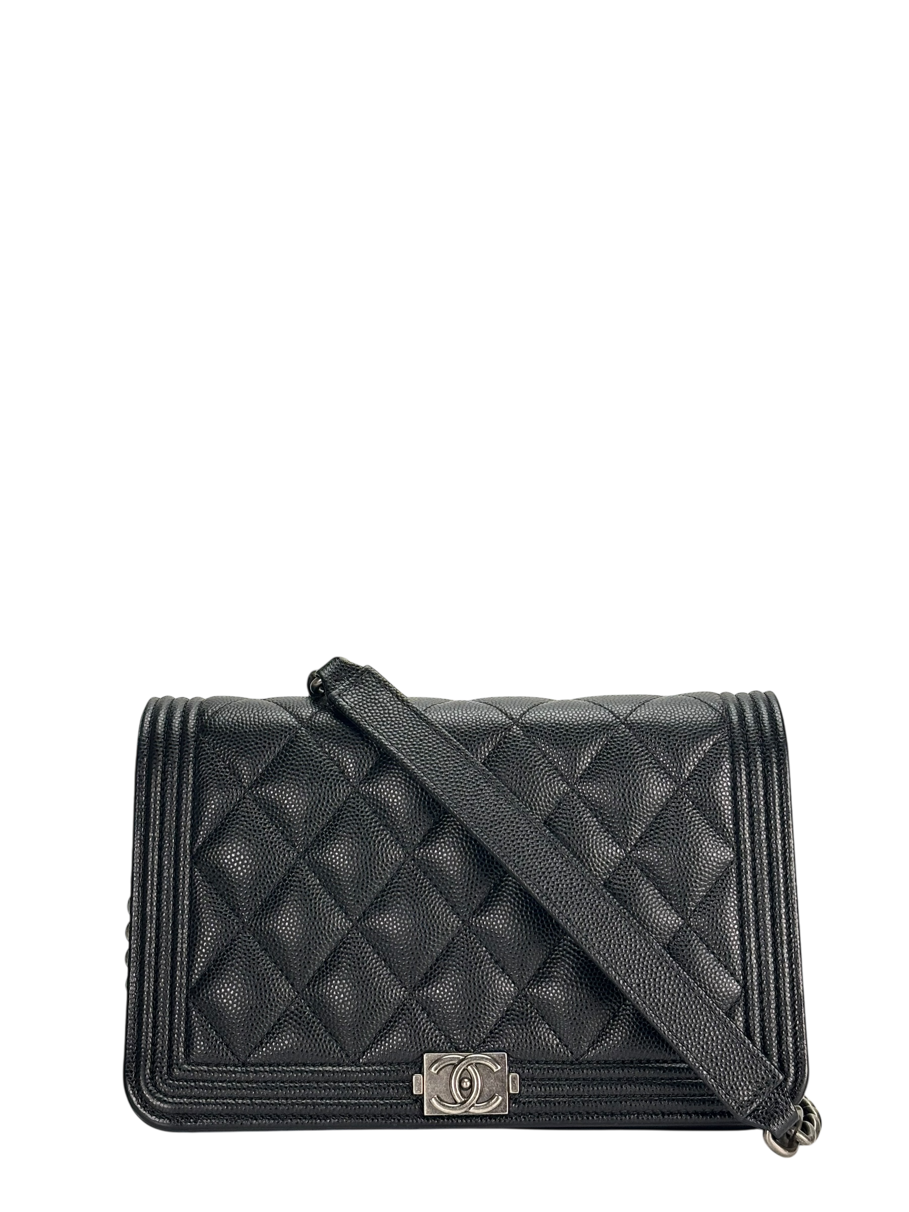 CHANEL - Black Caviar Boy Wallet On Chain Bag Sliver Hardware  (WOC)