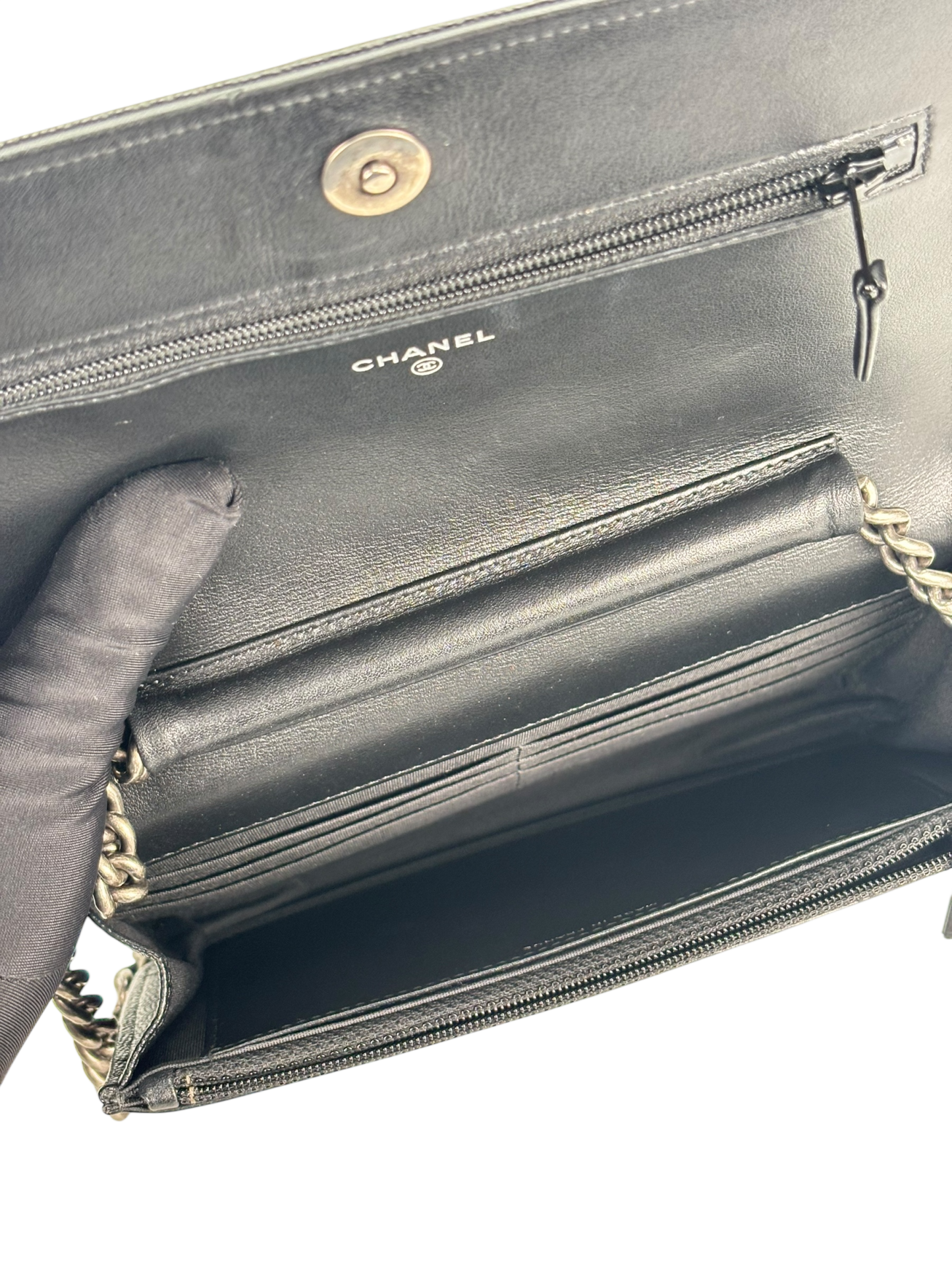 CHANEL - Black Caviar Boy Wallet On Chain Bag Sliver Hardware (WOC)
