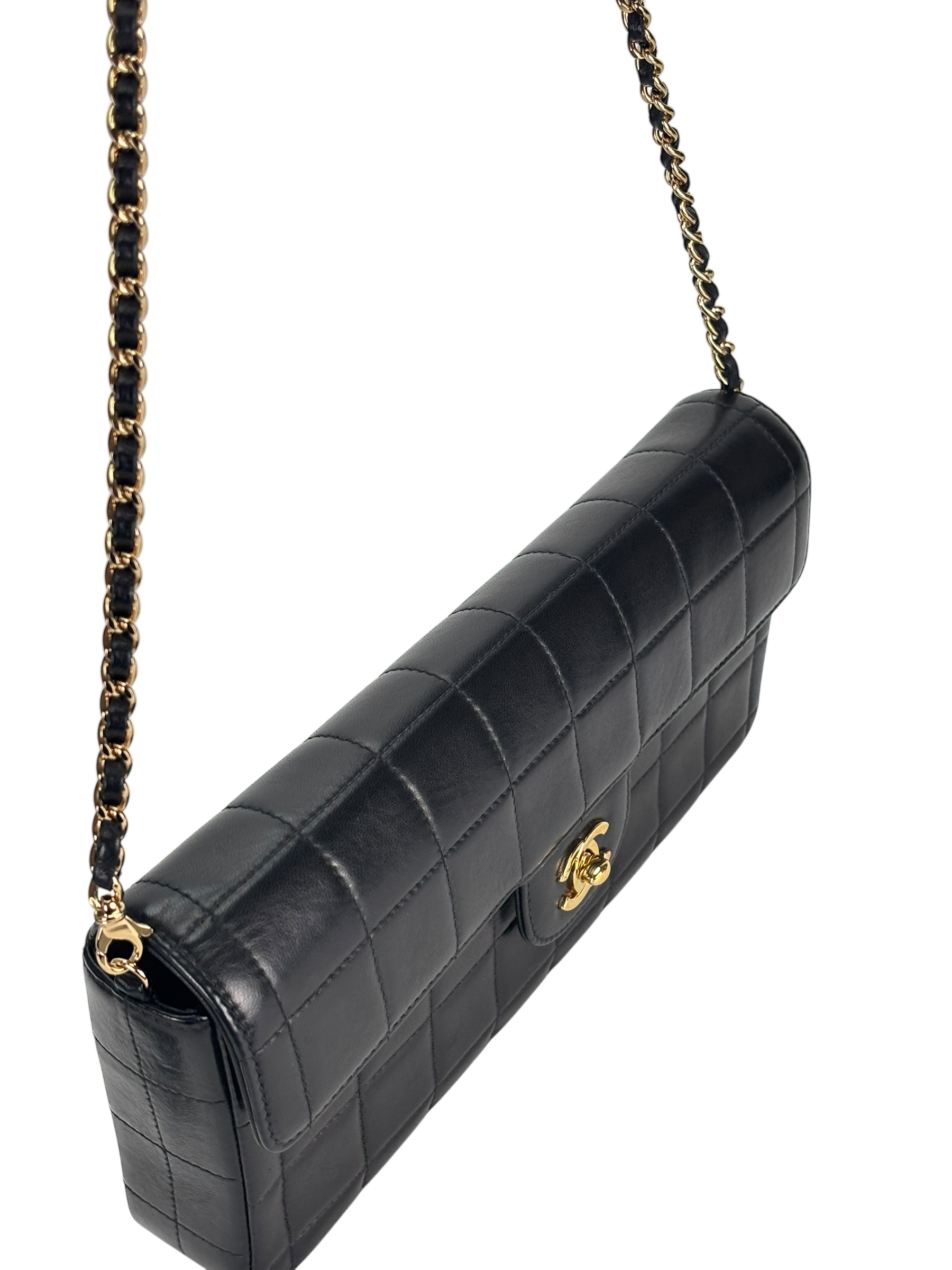 CHANEL - Black Lambskin East West Chocolate Bar Flap Bag