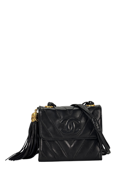 CHANEL - Mini Black Lambskin CC Leather Shoulder Bag