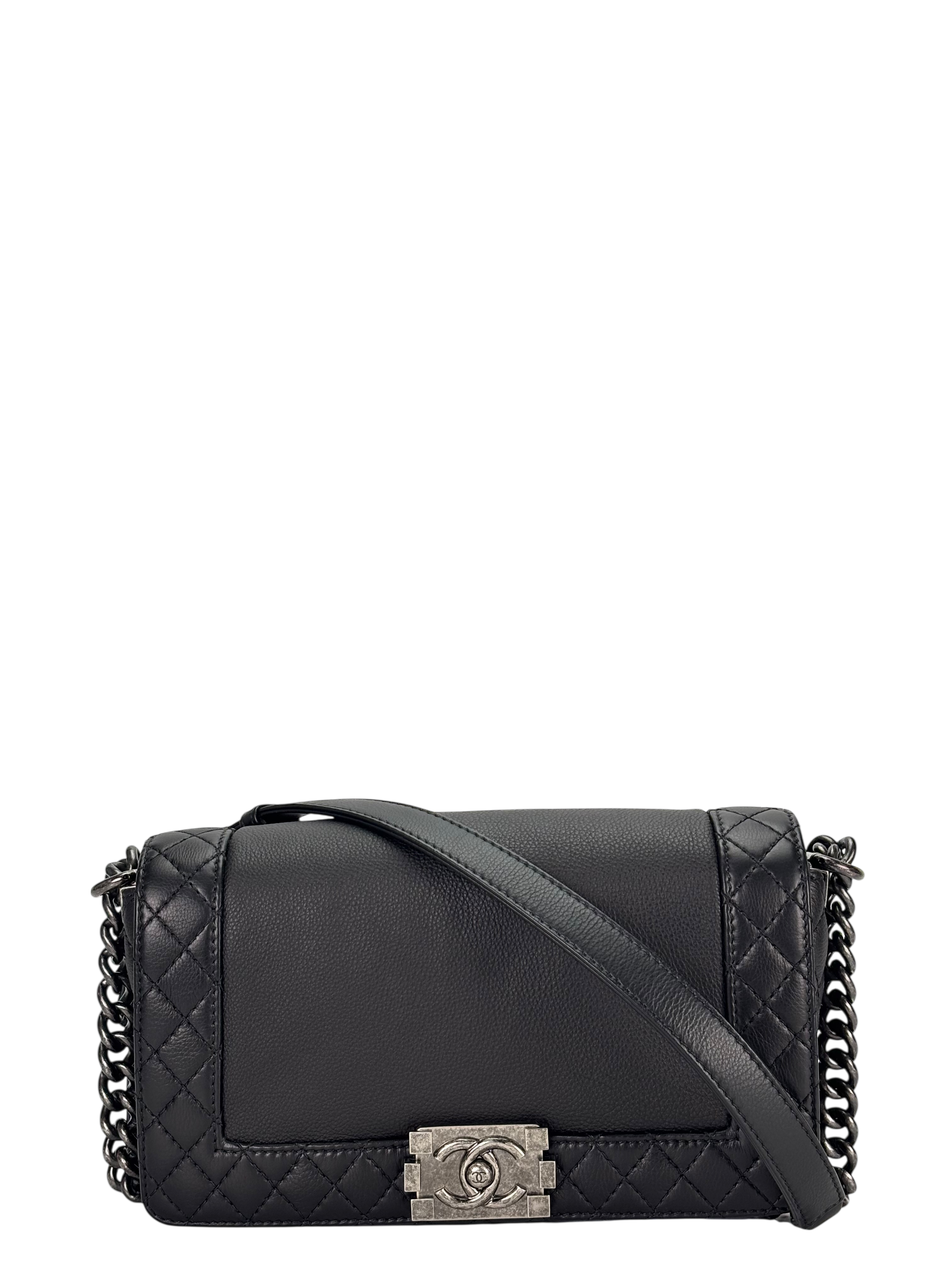 CHANEL - Black Caviar Boy 30 Lambskin Chain Shoulder Gunmetallic Hardware Bag