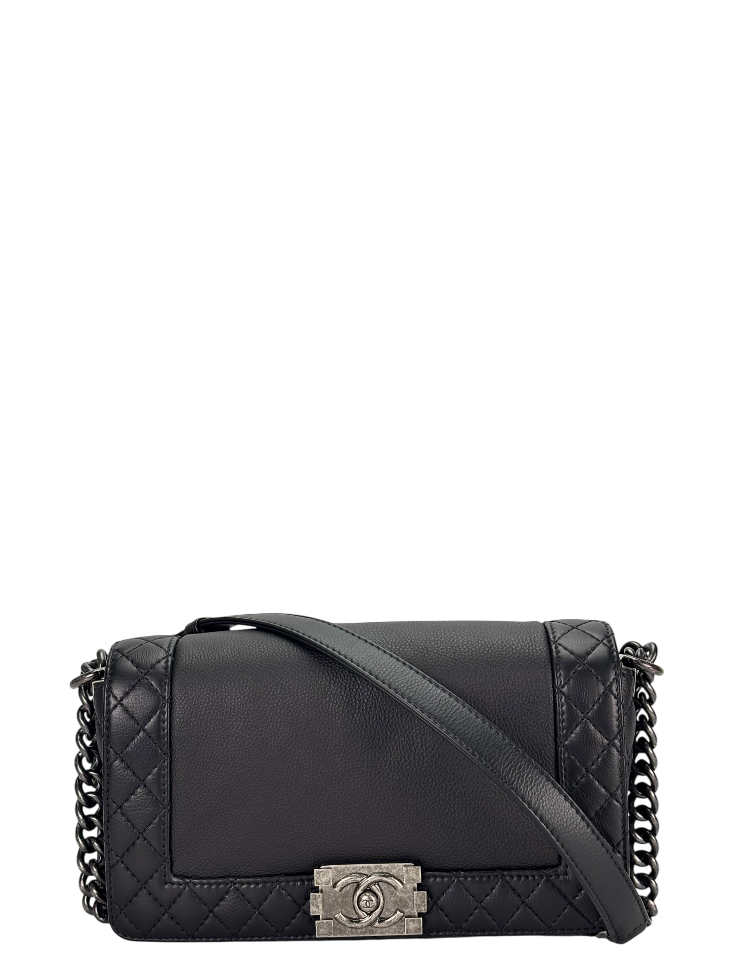 CHANEL - Black Caviar Boy 30 Lambskin Chain Shoulder Gunmetallic Hardware Bag
