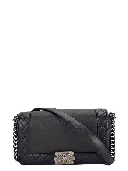 CHANEL - Black Caviar Boy 30 Lambskin Chain Shoulder Gunmetallic Hardware Bag