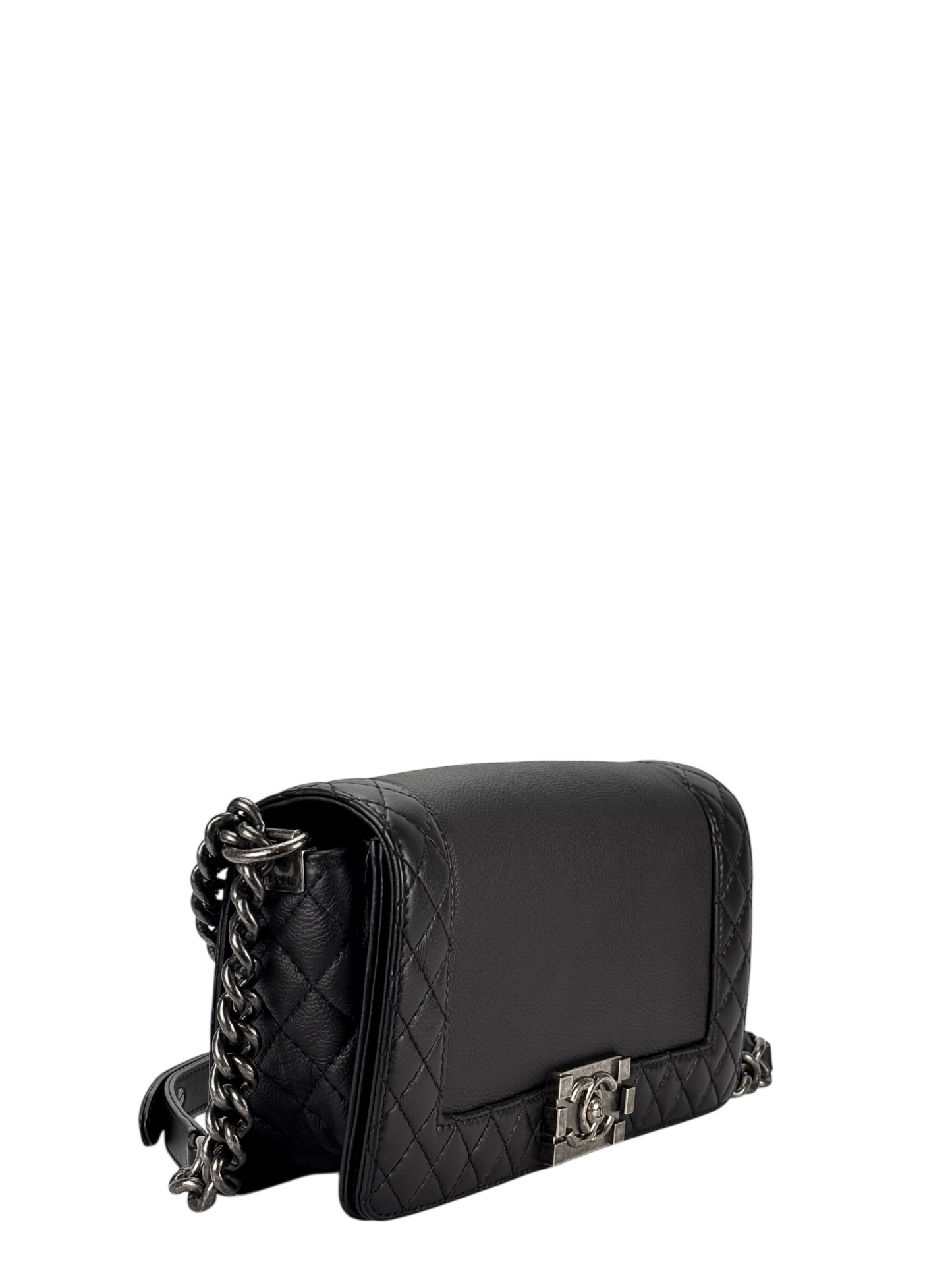 CHANEL - Black Caviar Boy 30 Lambskin Chain Shoulder Gunmetallic Hardware Bag