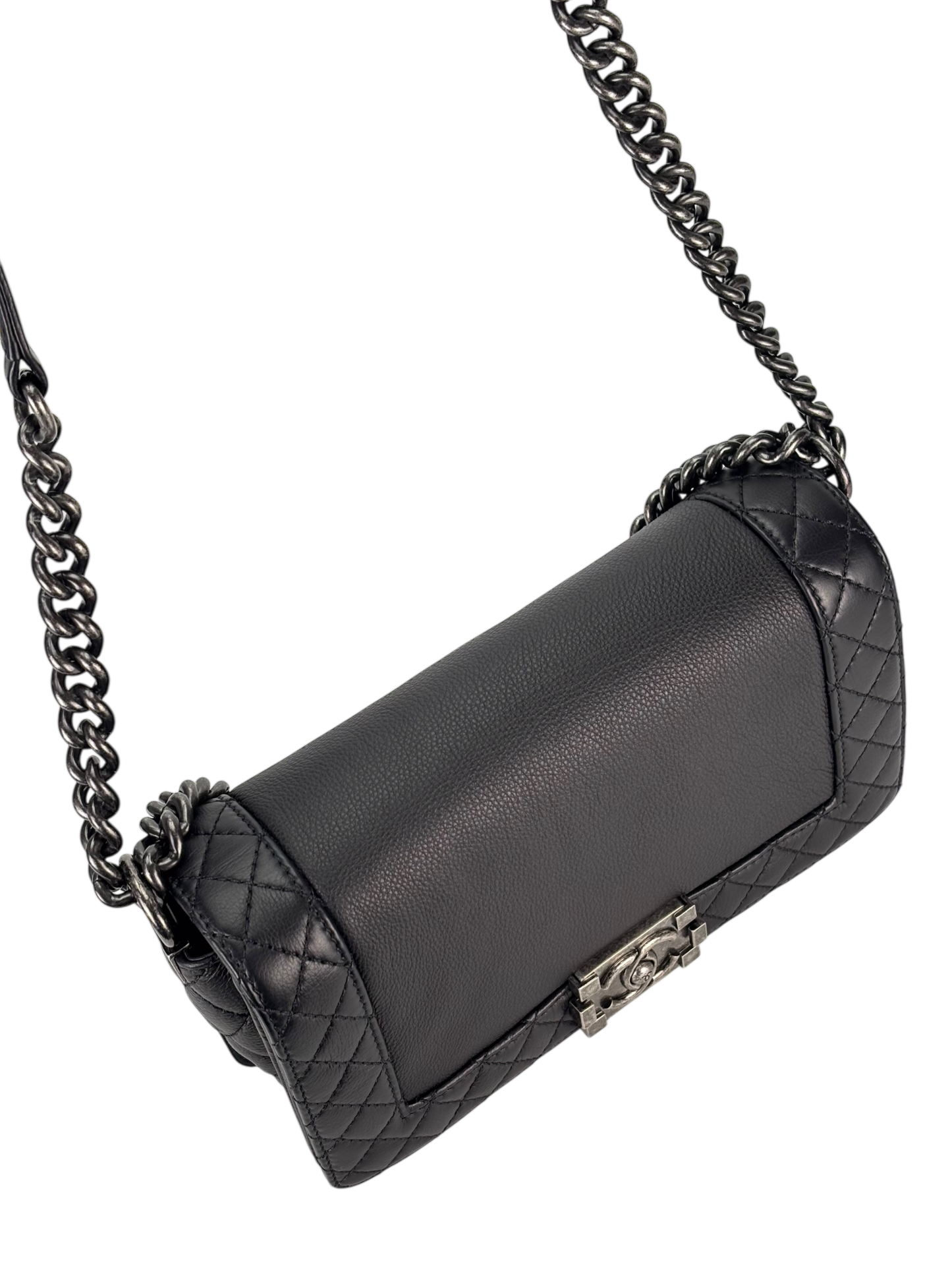 CHANEL - Black Caviar Boy 30 Lambskin Chain Shoulder Gunmetallic Hardware Bag