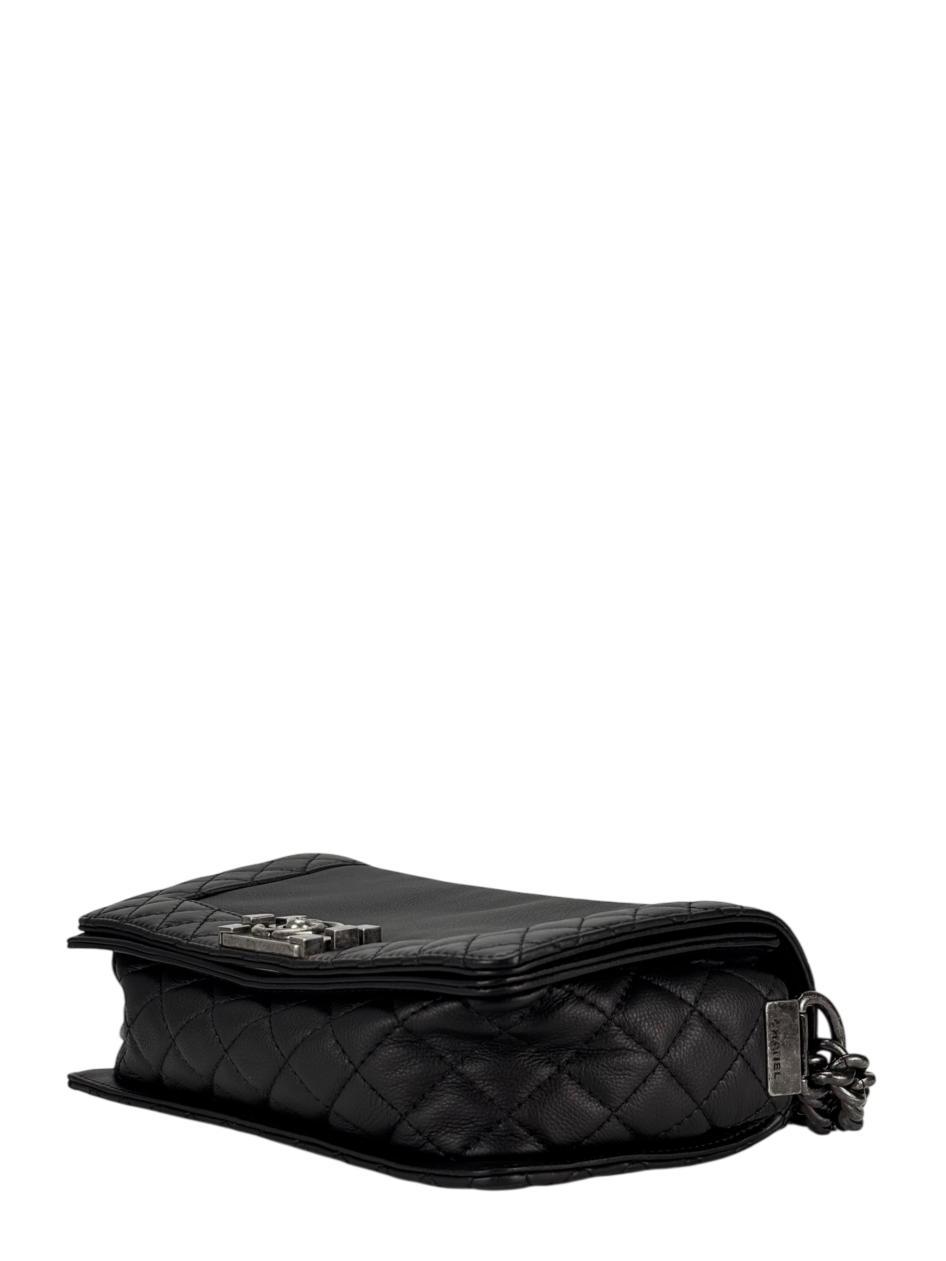 CHANEL - Black Caviar Boy 30 Lambskin Chain Shoulder Gunmetallic Hardware Bag