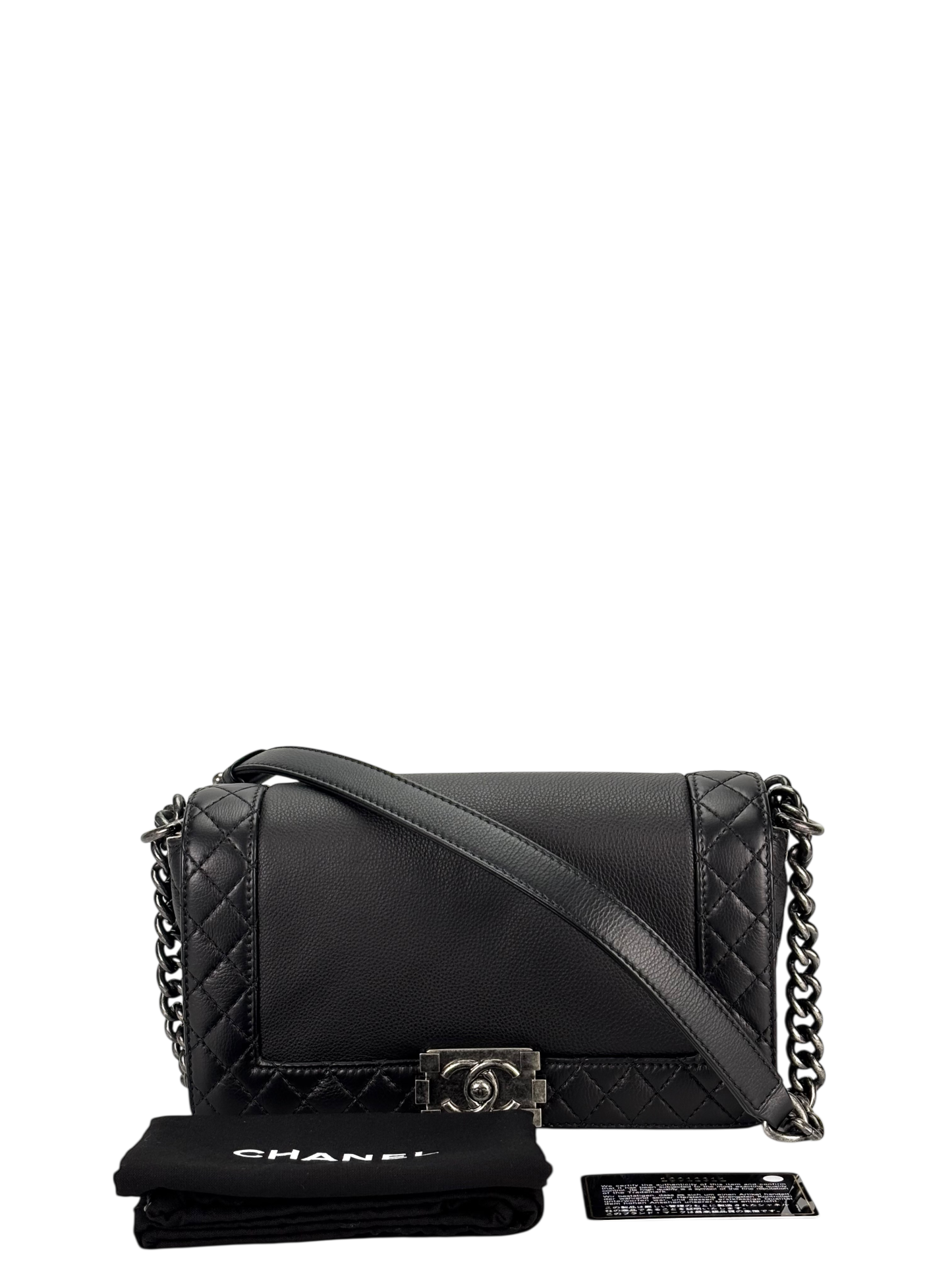 CHANEL - Black Caviar Boy 30 Lambskin Chain Shoulder Gunmetallic Hardware Bag