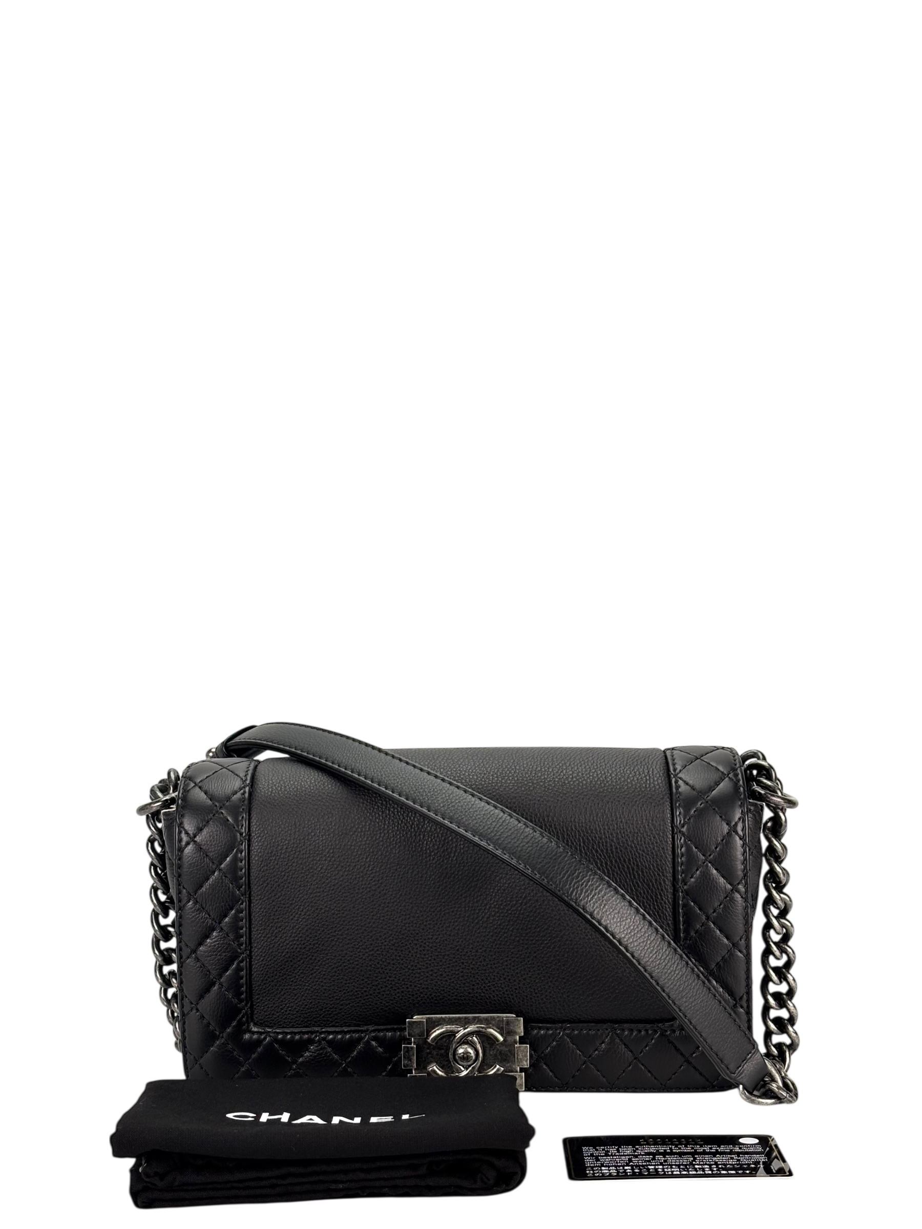 CHANEL - Black Caviar Boy 30 Lambskin Chain Shoulder Gunmetallic Hardware Bag