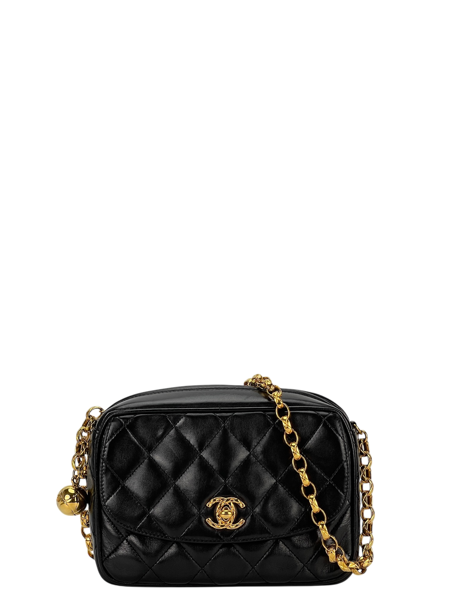 CHANEL - Black Lambskin Chanel Matelasse Chain Gold Hardware Shoulder Bag