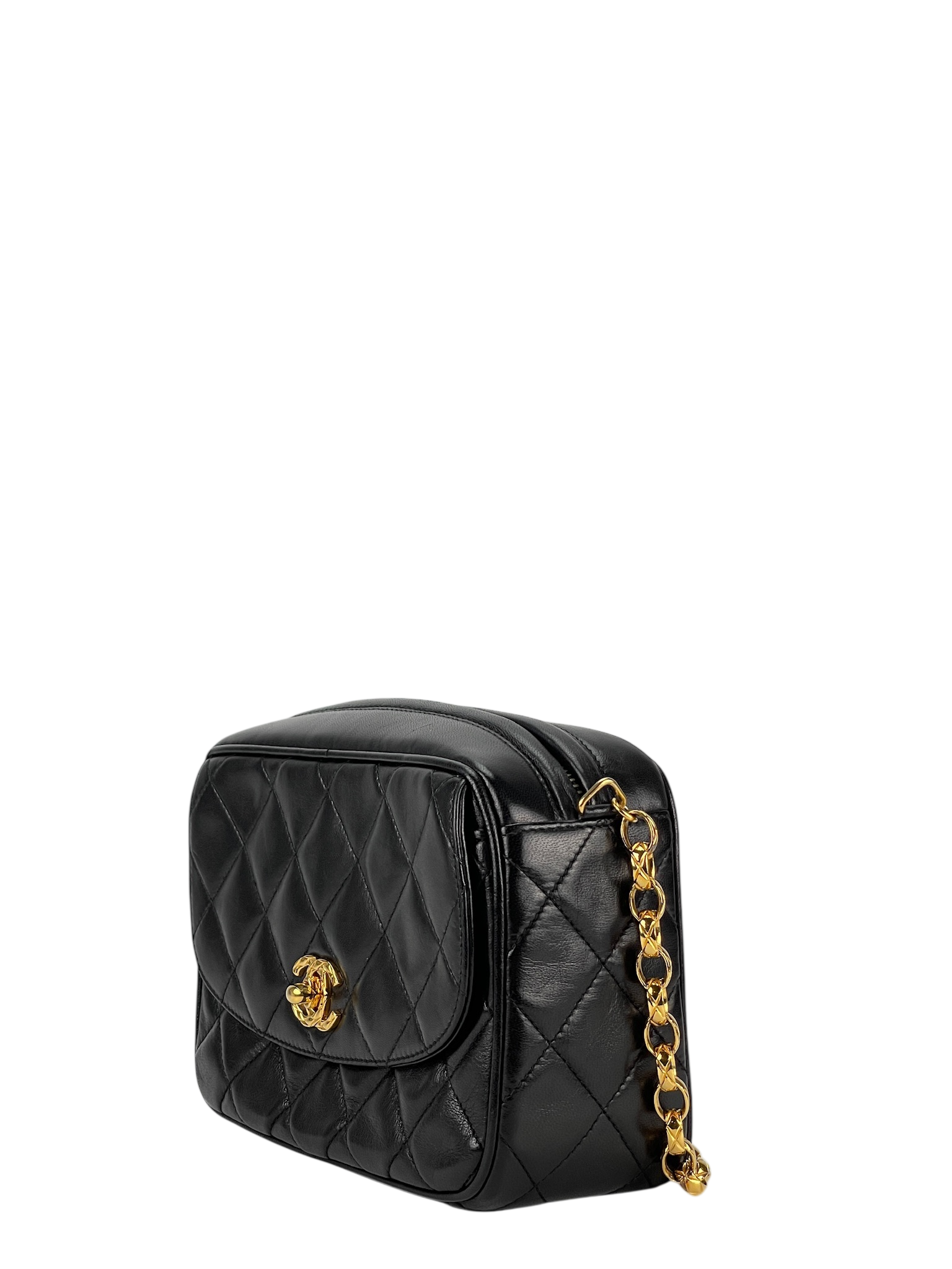 CHANEL - Black Lambskin Chanel Matelasse Chain Gold Hardware Shoulder Bag